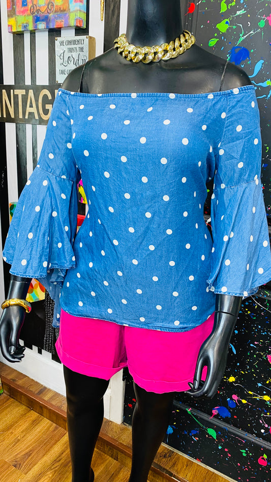 Denim & Polka Dot Exaggerated Sleeve Blouse (14)