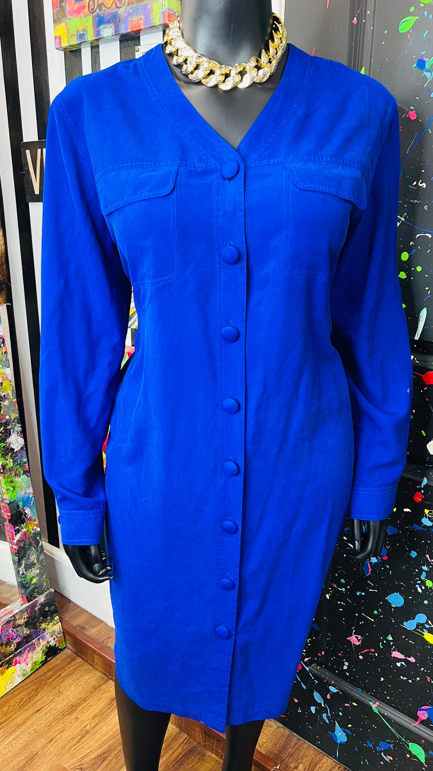 Vintage 100% Silk Cobalt Blue Dress (18)
