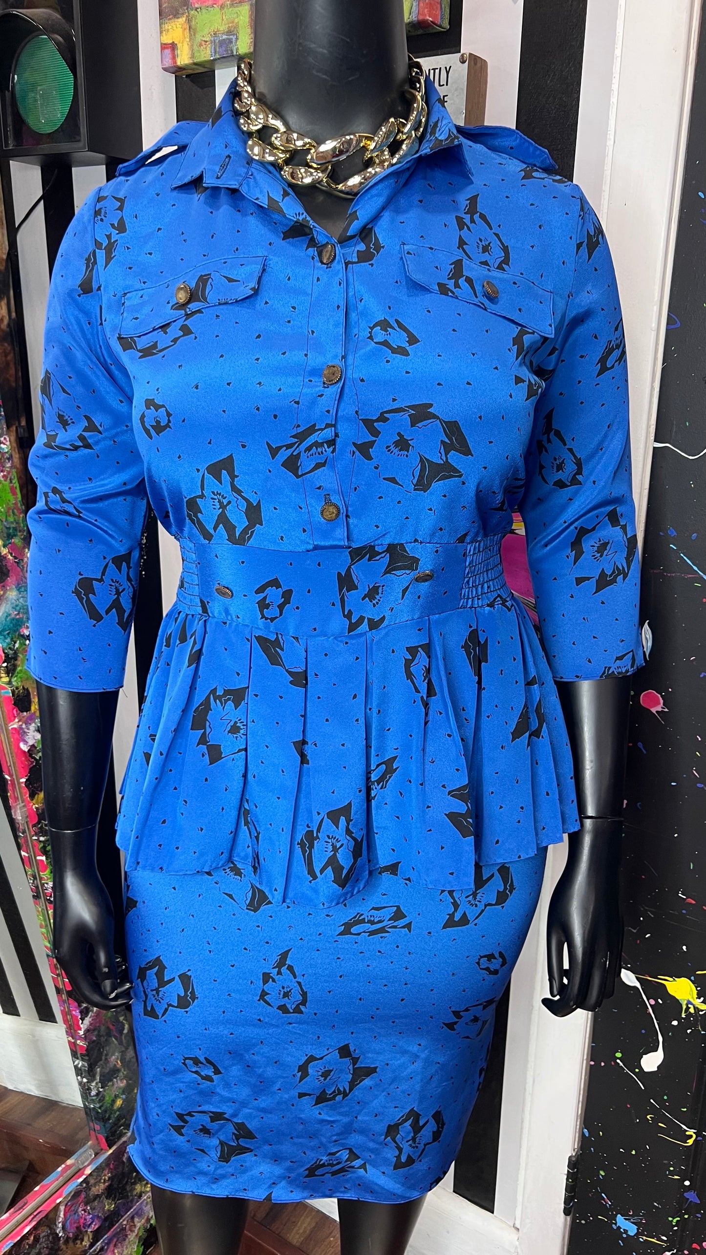 Vintage Blue & Black Peplum Dress (12)