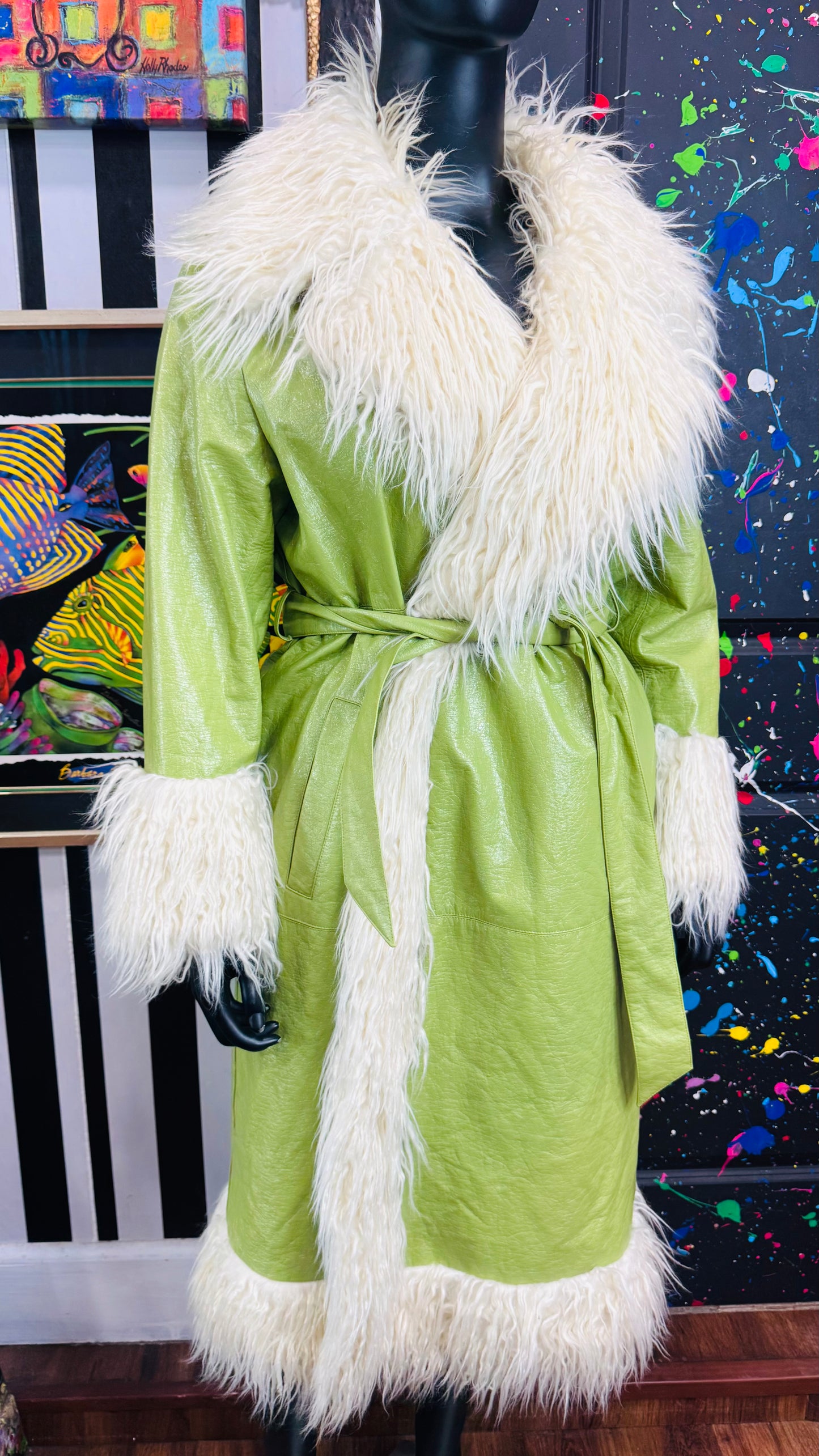 Green Faux Fur Accent Trench (14) Oversized*