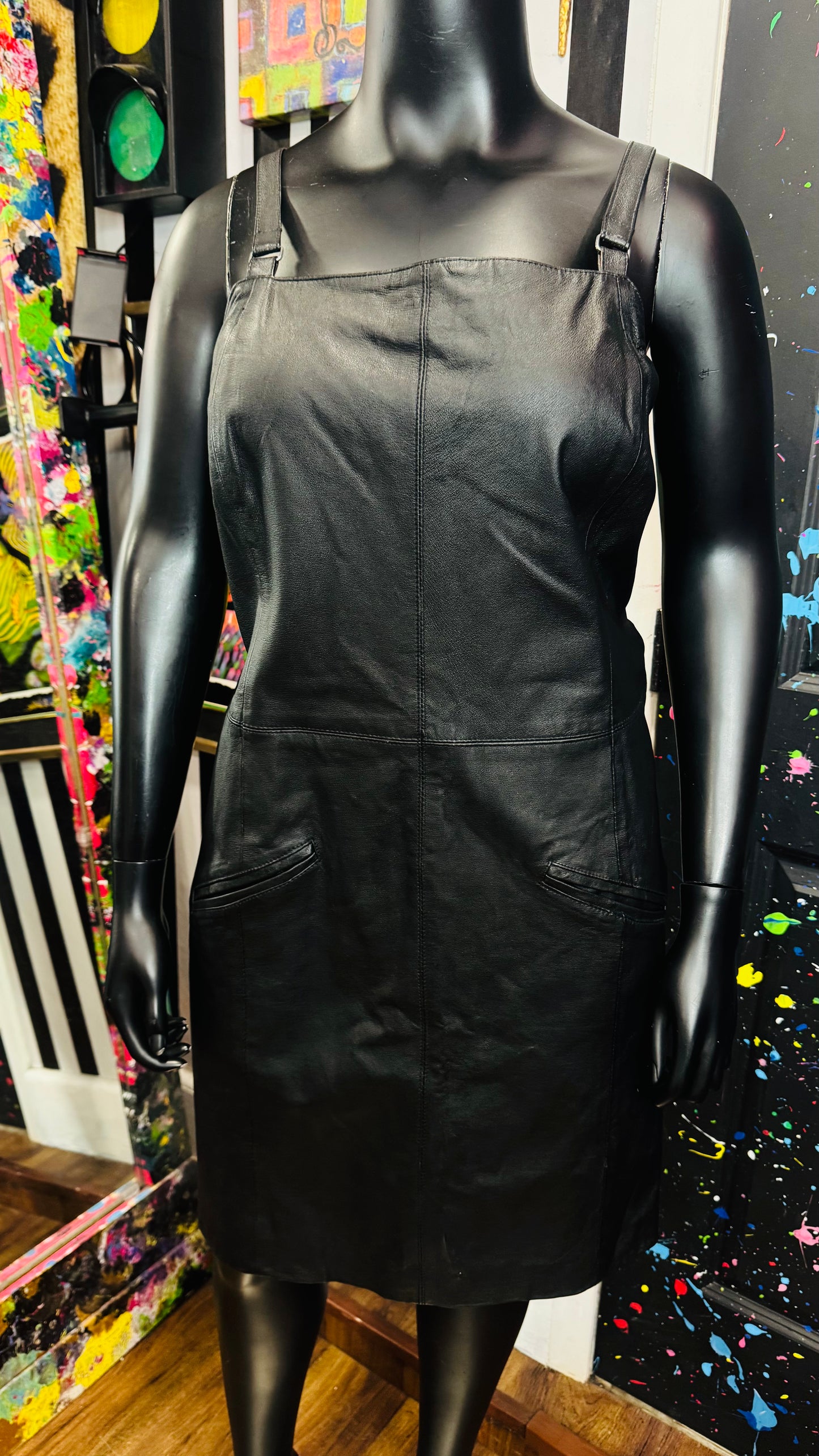 Vintage Genuine Leather Sleeveless Black Dress (24W)