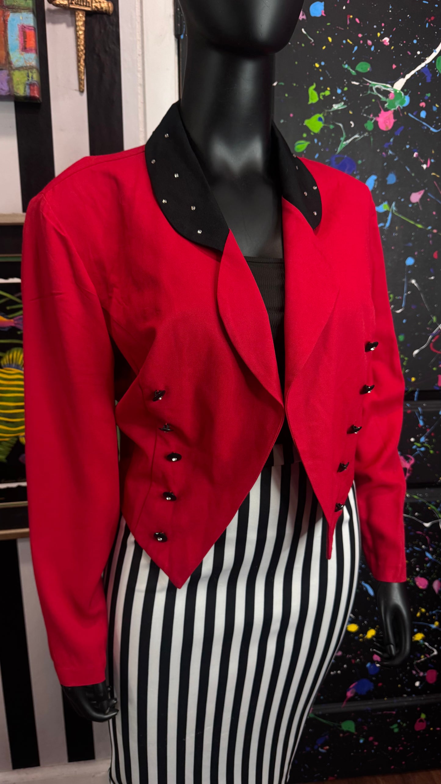 Vintage Cropped Jewel Collar Red & Black Blazer (22W)