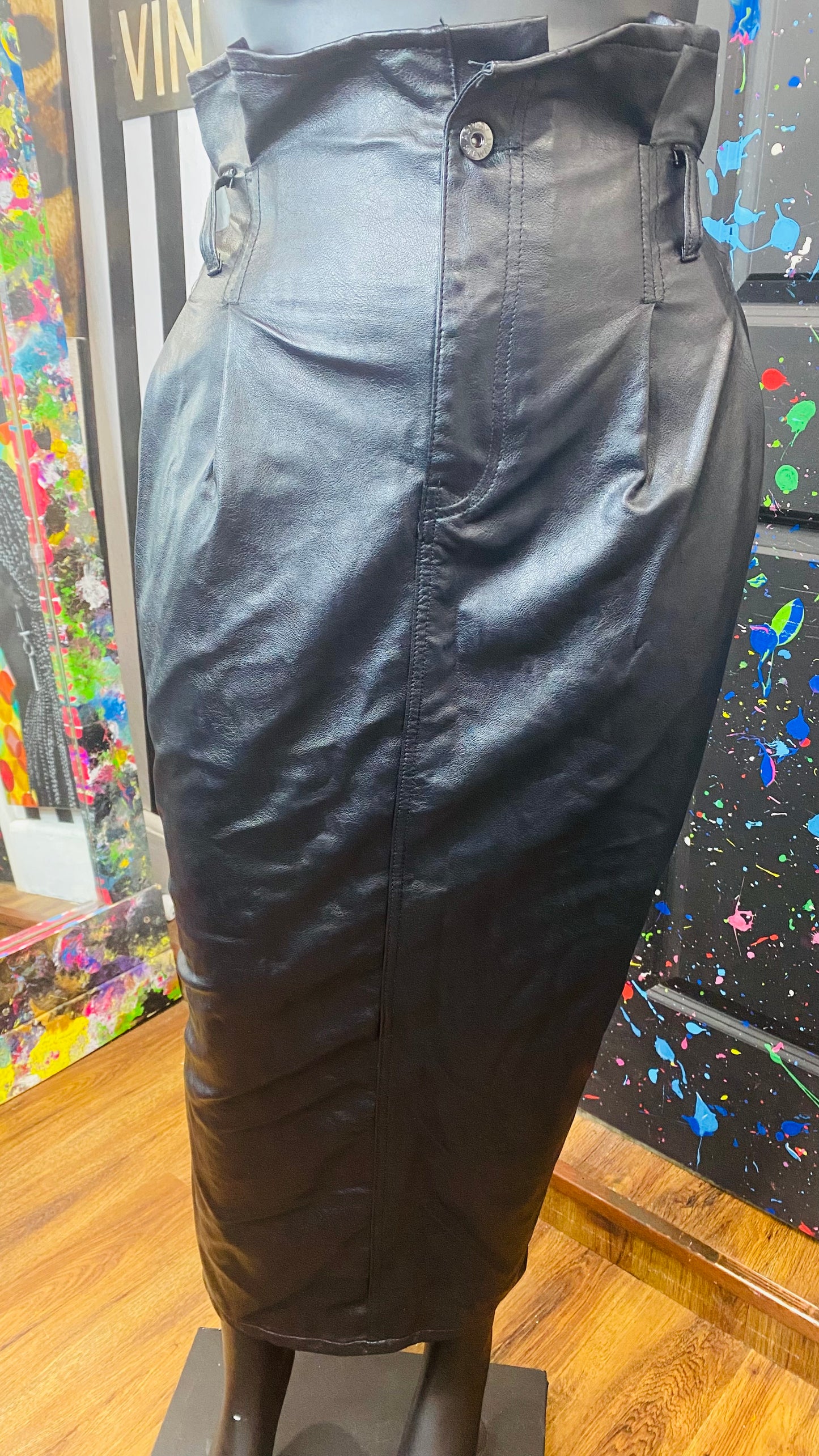 Denim & Faux Leather Paper Bag Waist Skirt- New w/Tags (20)