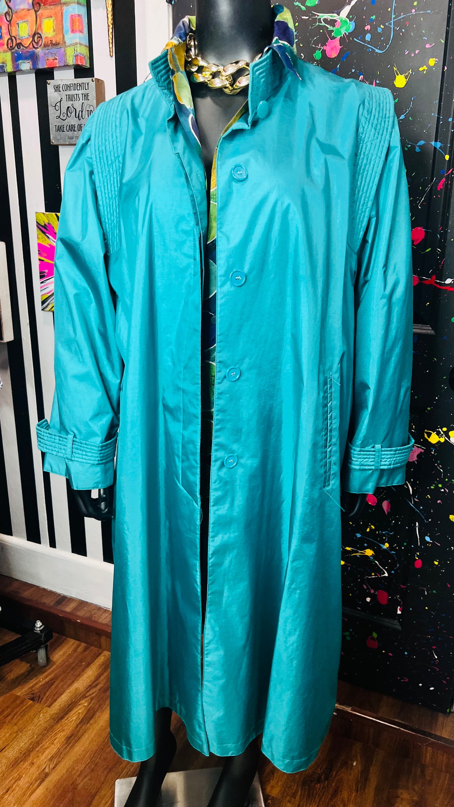 Vintage Teal Rain Trench Coat (24)