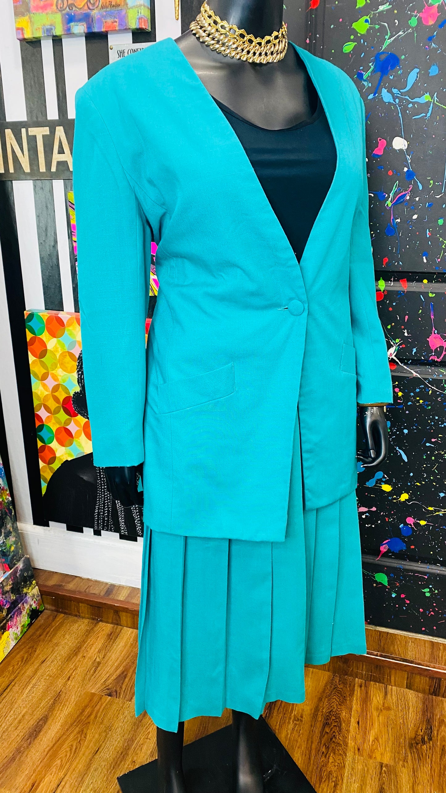 Vintage Teal Blue Pleated Skirt Set (18)