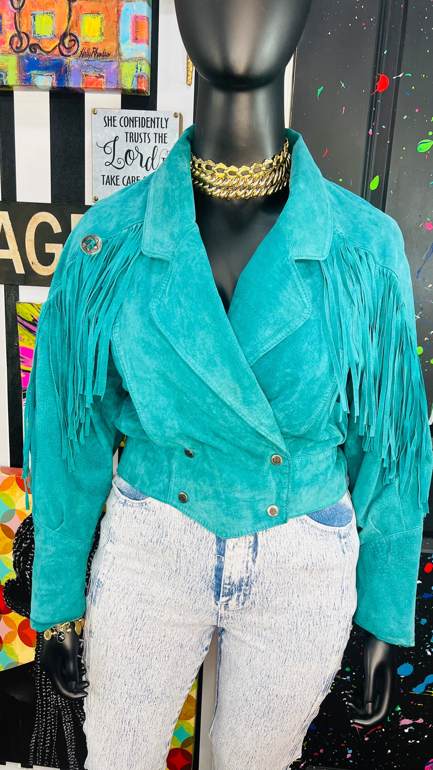 Vintage Teal Suede Genuine Leather Pelle Cropped Fringe Jacket (14)