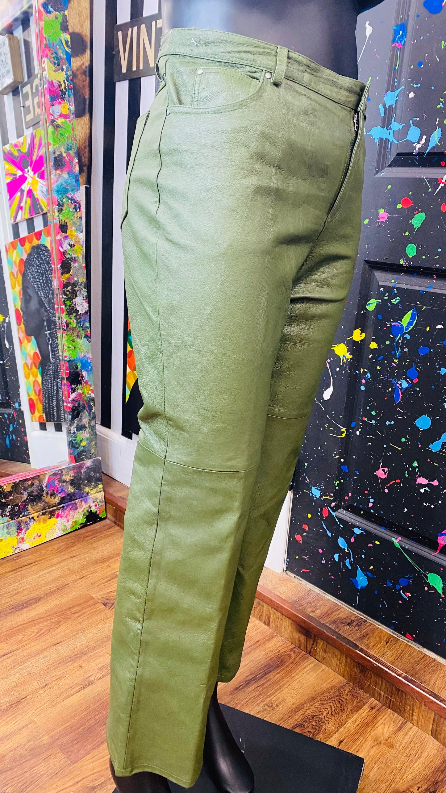 Vintage Green Genuine Leather Pants (16)