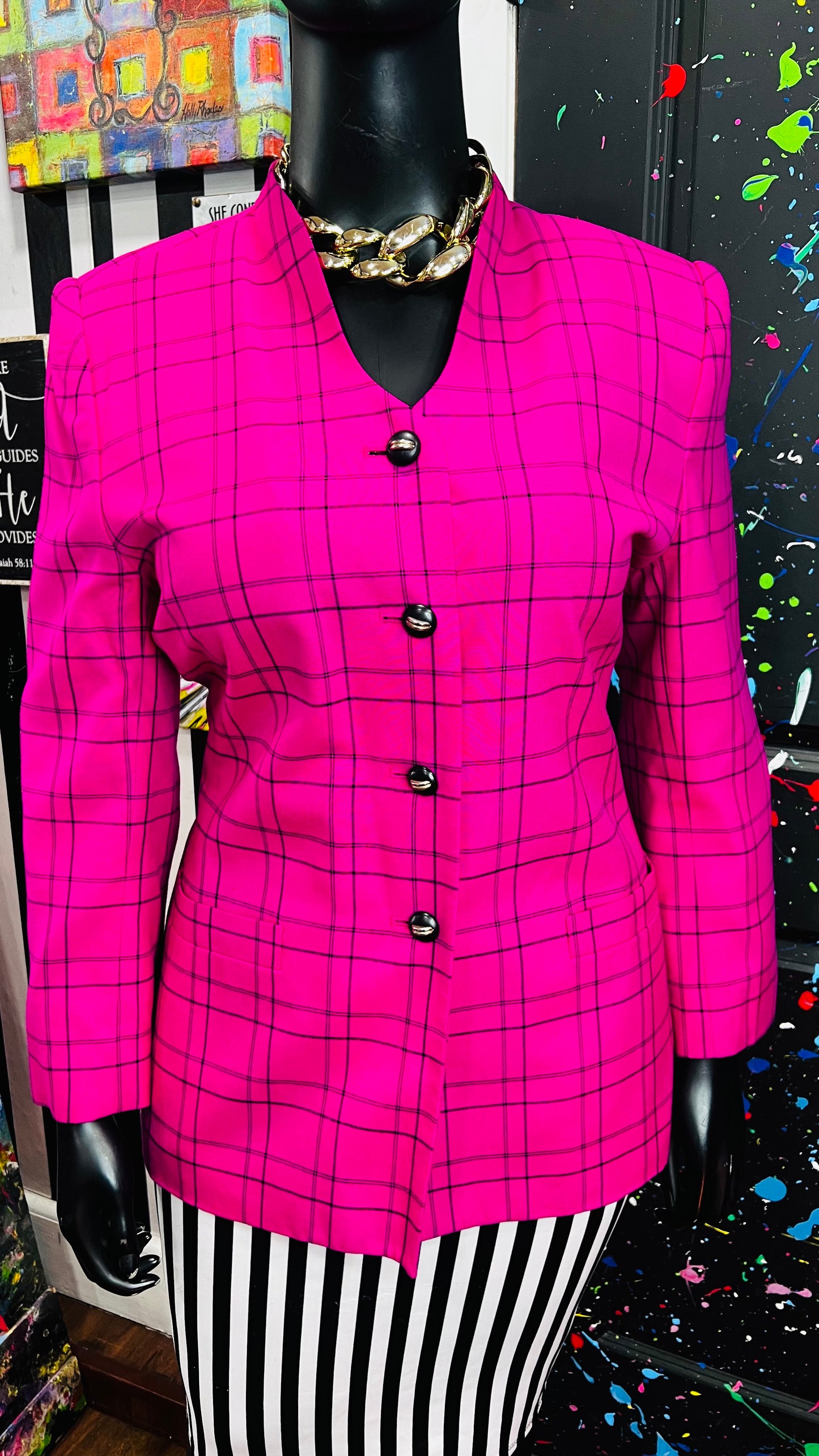 Vintage Pink & Black Striped Blazer Blouse (18)