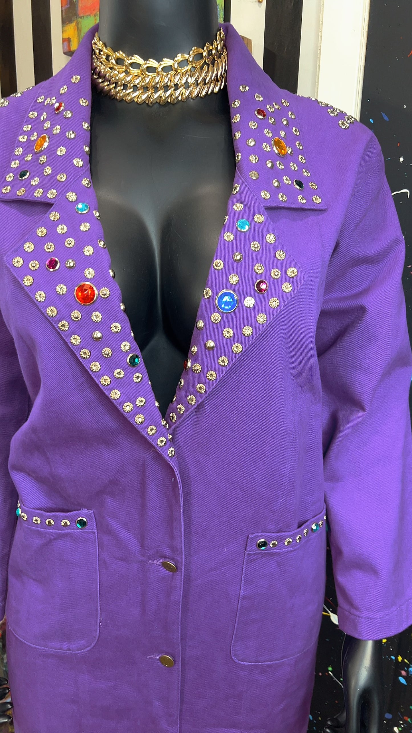 Vintage Purple Denim Jeweled Trench Coat (16)