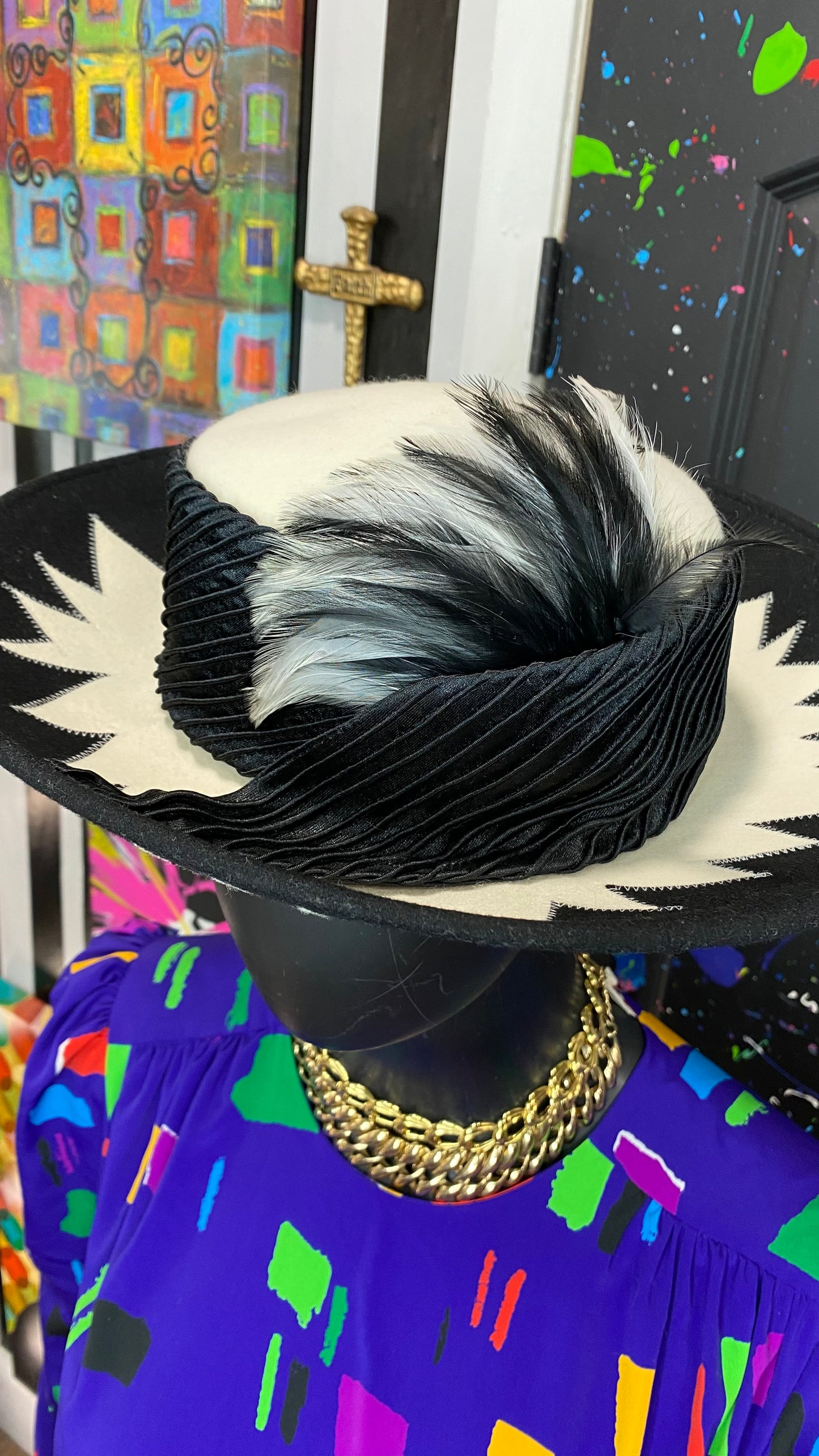 Vintage Black & White Wool Feather Hat