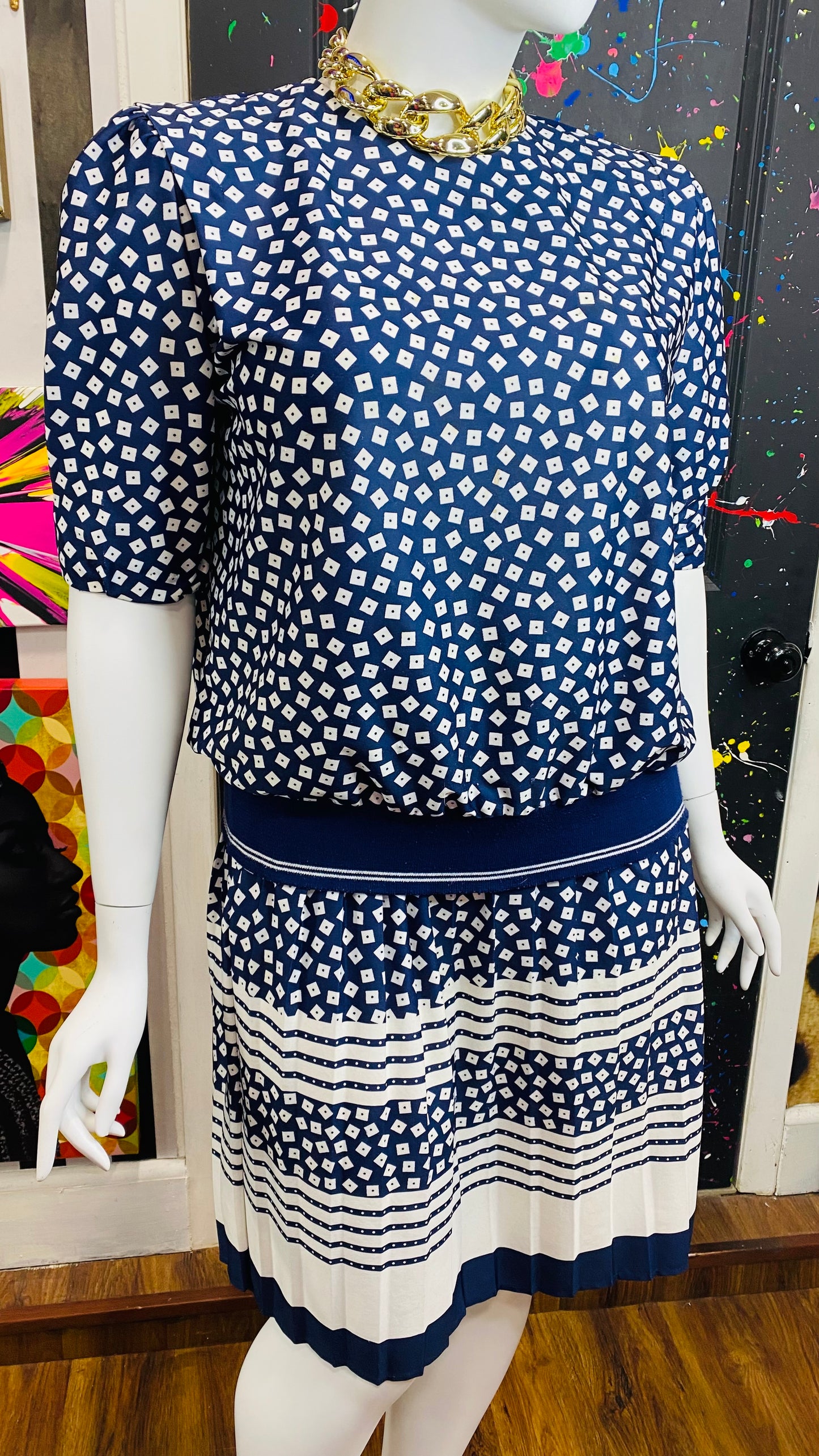Vintage Navy Blue Polka Dot & Squares Skirt Set (18)