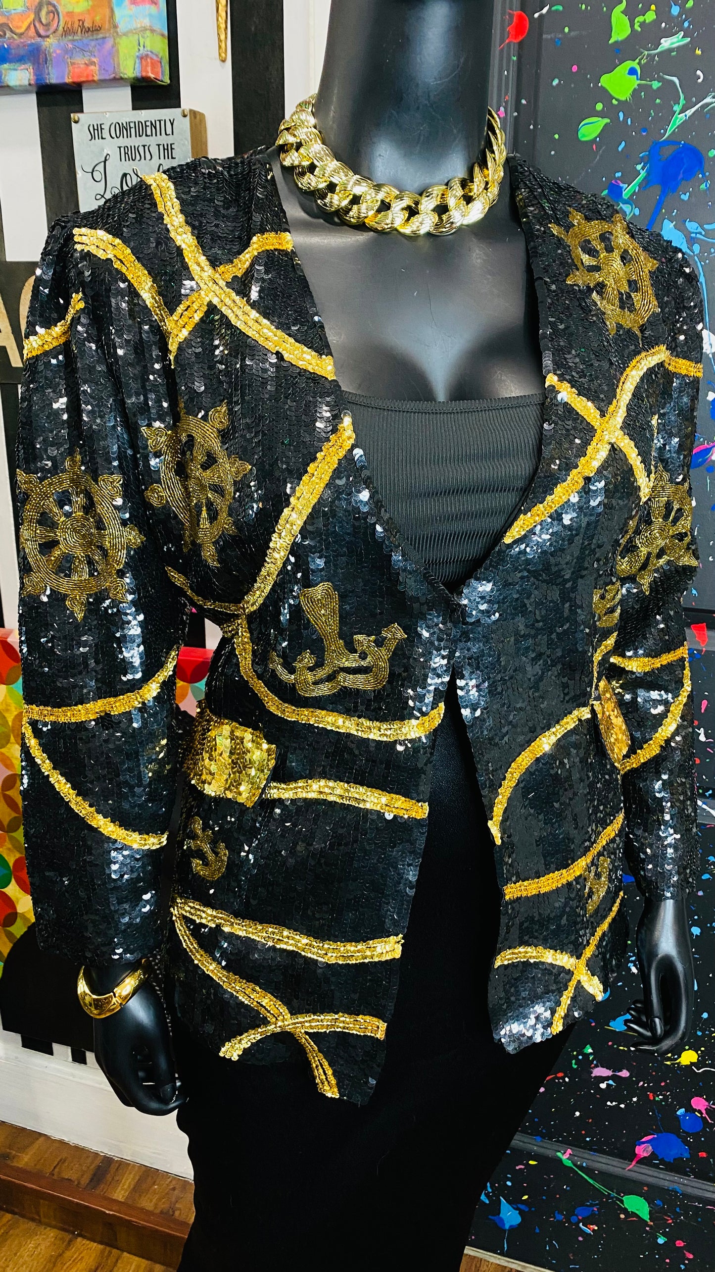 Vintage Sequin Black & Gold Blazer (14)