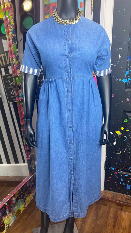 Vintage Denim Striped Sleeve Dress (12)