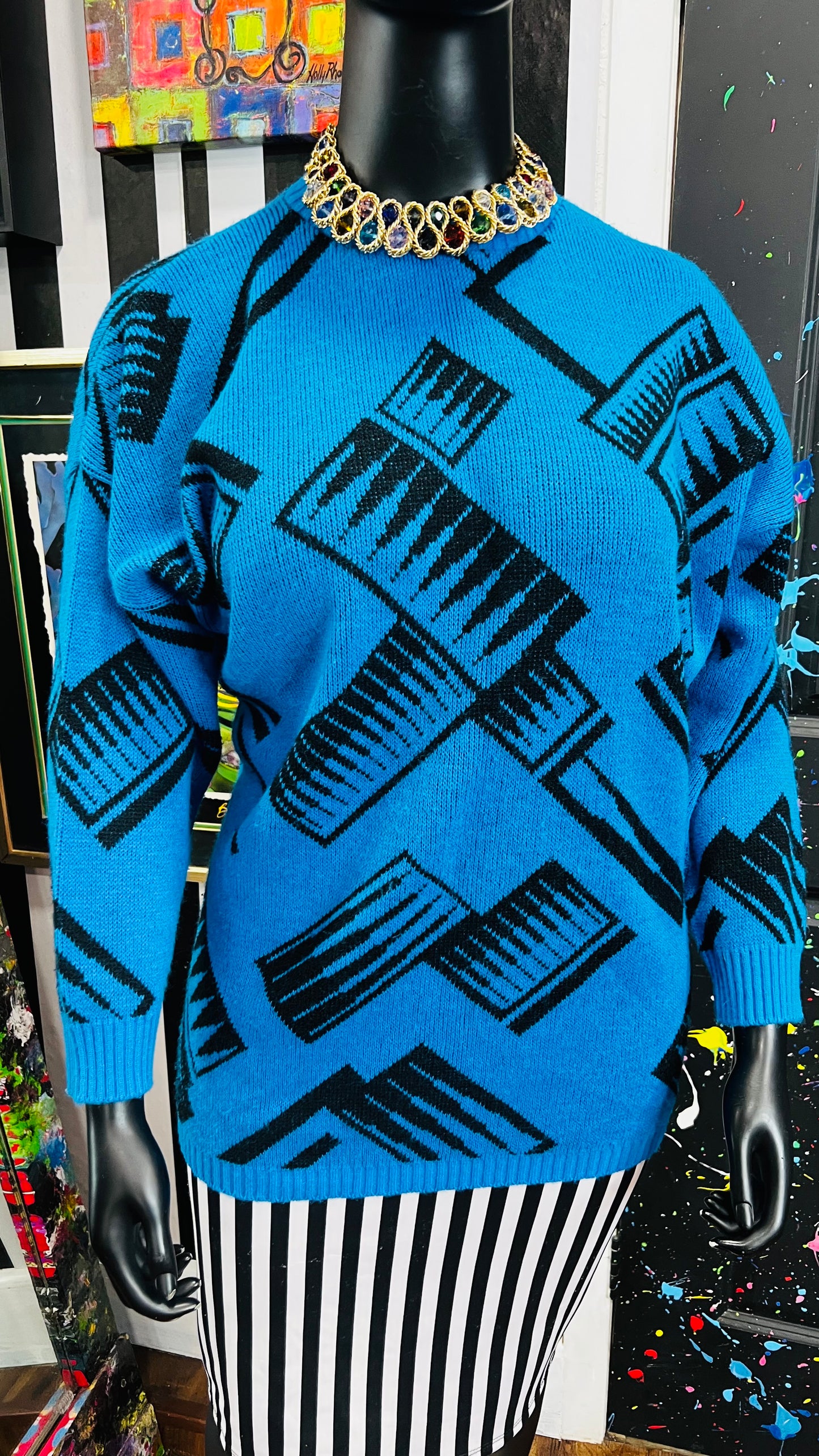 Vintage Blue & Black Abstract Sweater (24)
