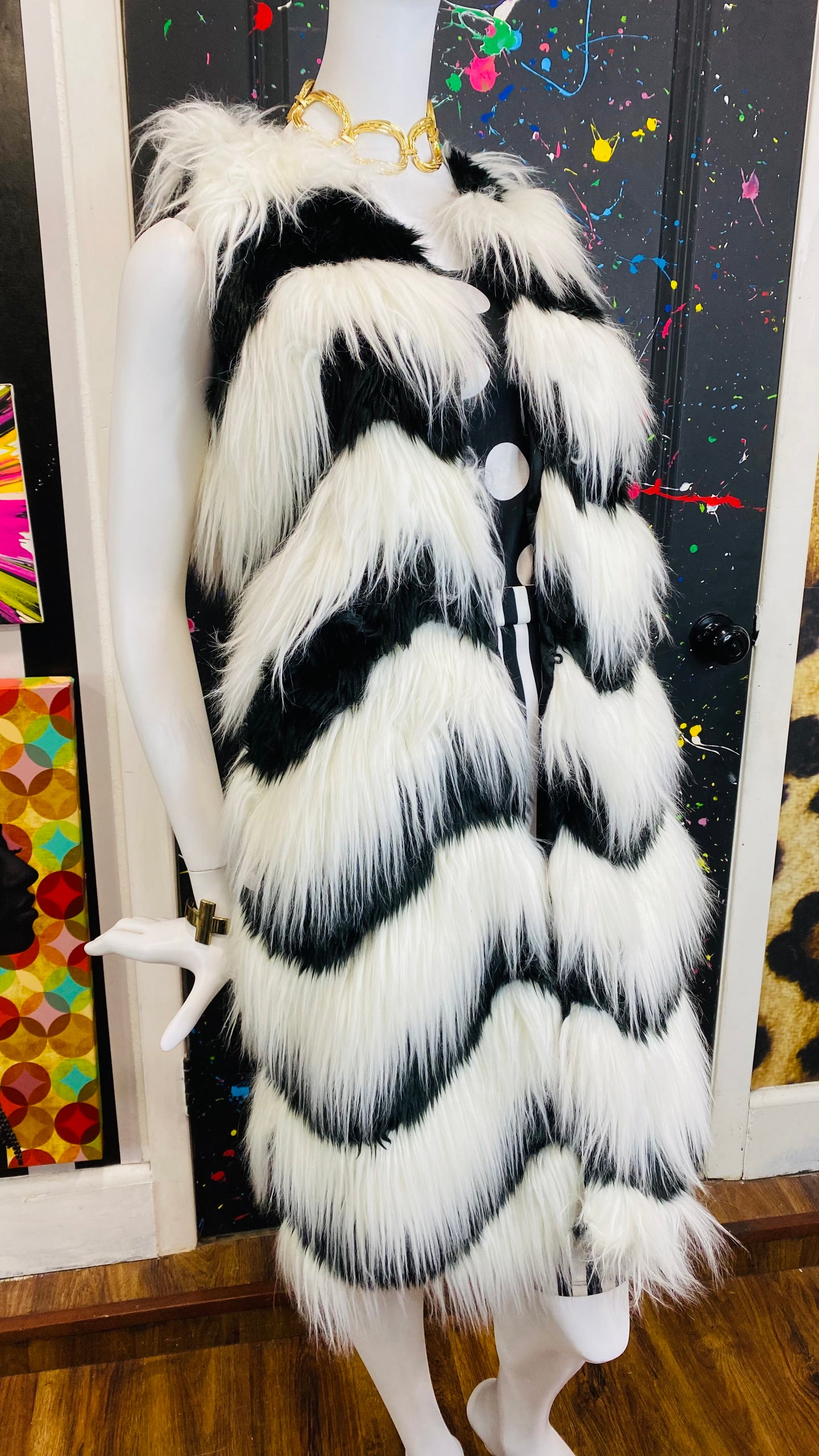 Faux Fur Black & White Striped Vest (12)