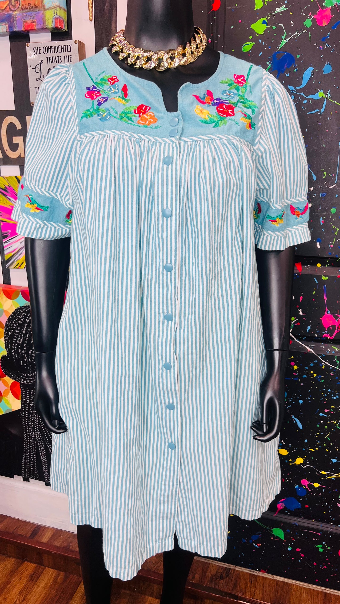 Vintage Striped Cotton House Dress- Blue & White (18/20)