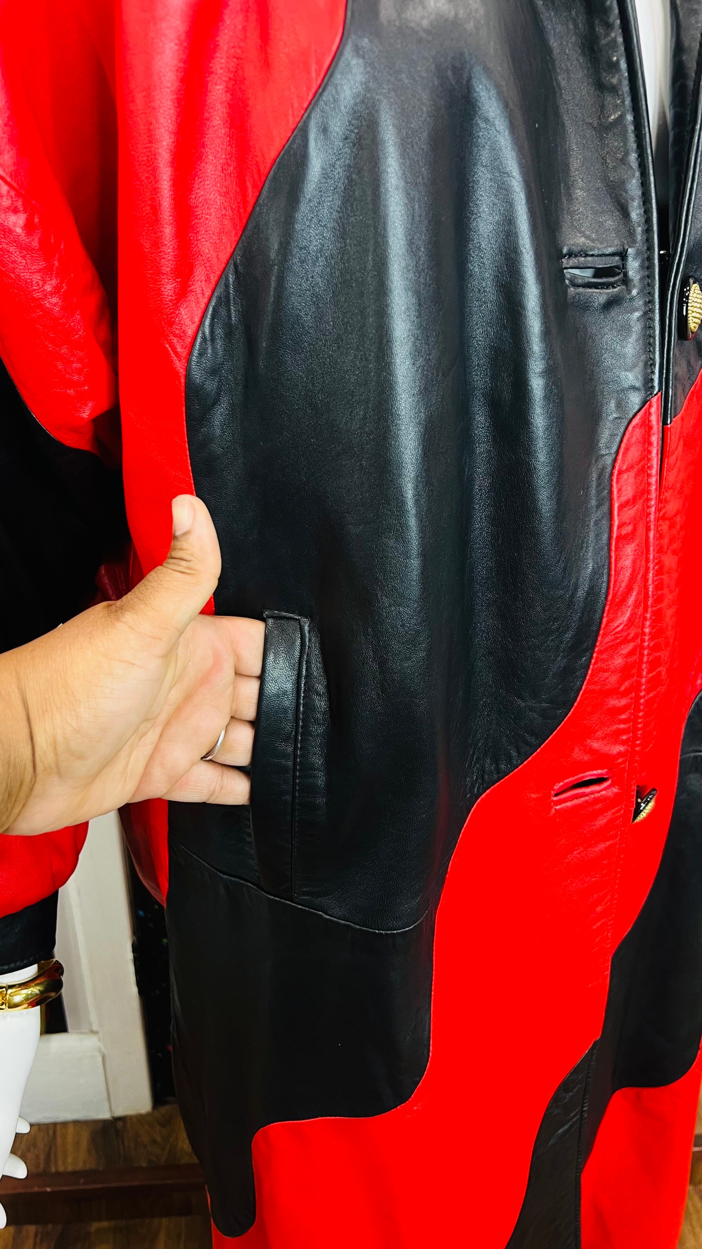 Vintage Genuine Leather Red & Black Trench Coat (16)