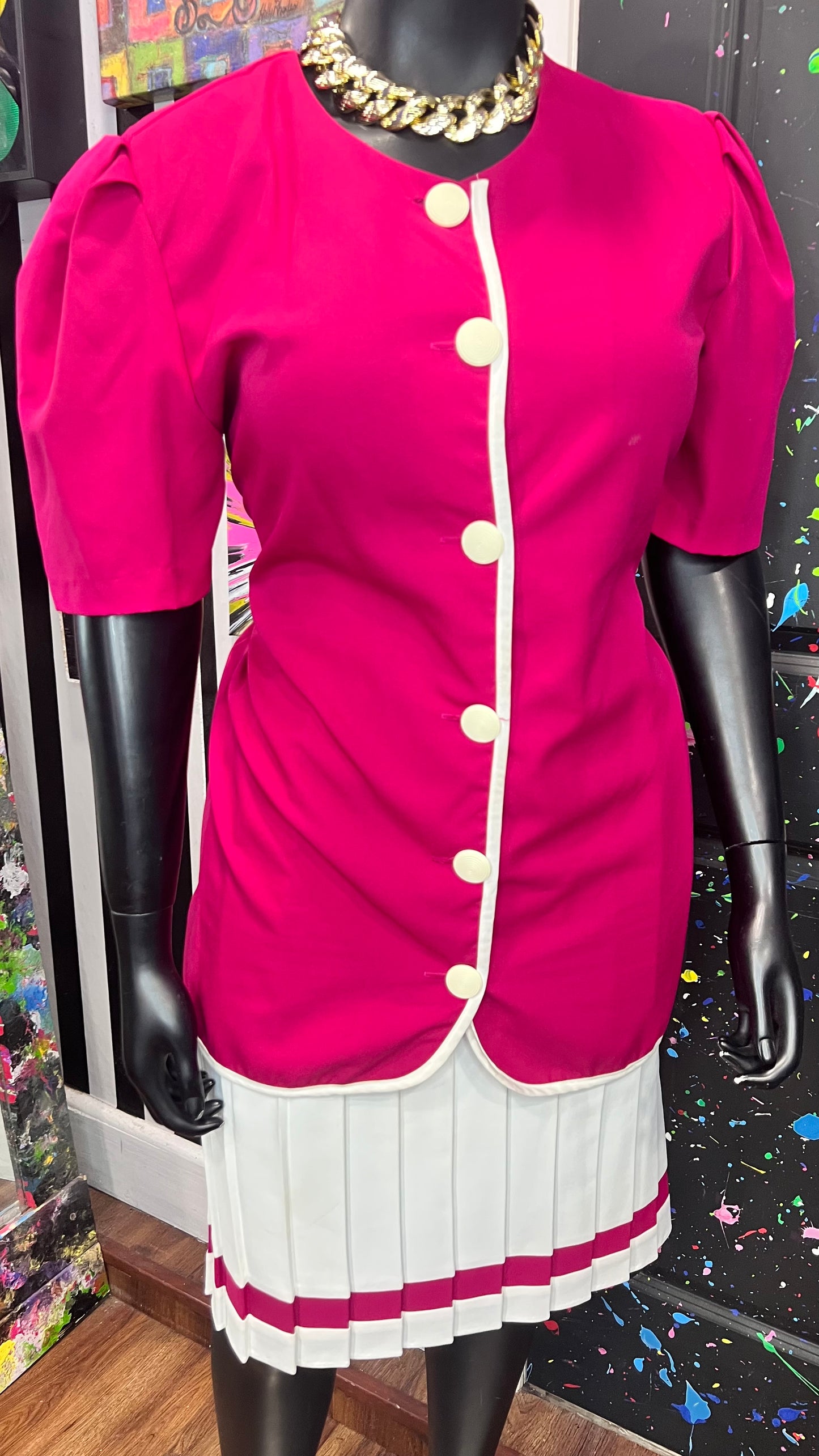 Vintage Pink & White Pleated Skirt Set (18)