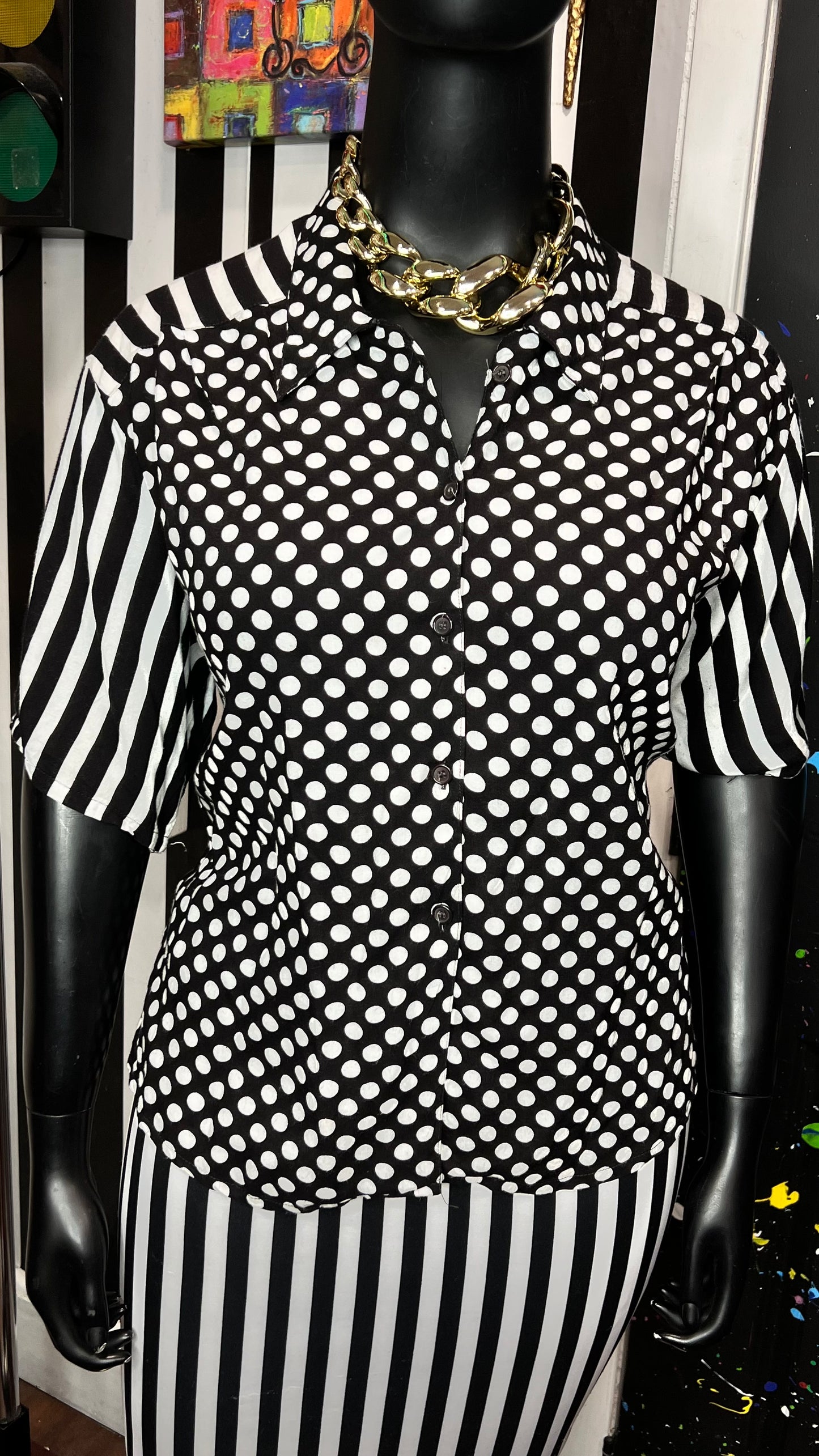 Vintage Rayon Polka Dot & Striped Blouse (20)