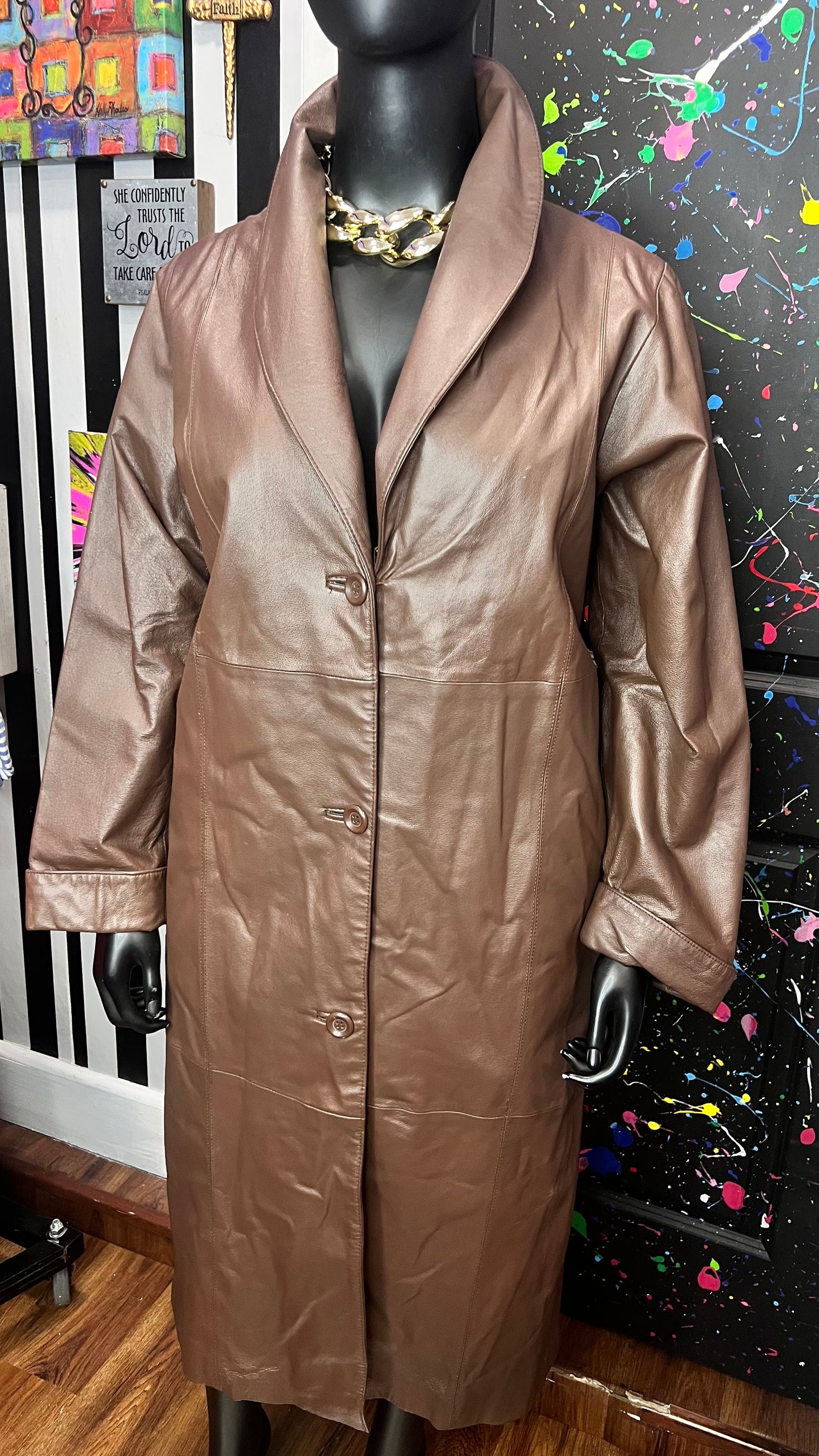 Vintage Chocolate Brown Genuine Leather Trench Coat (16)