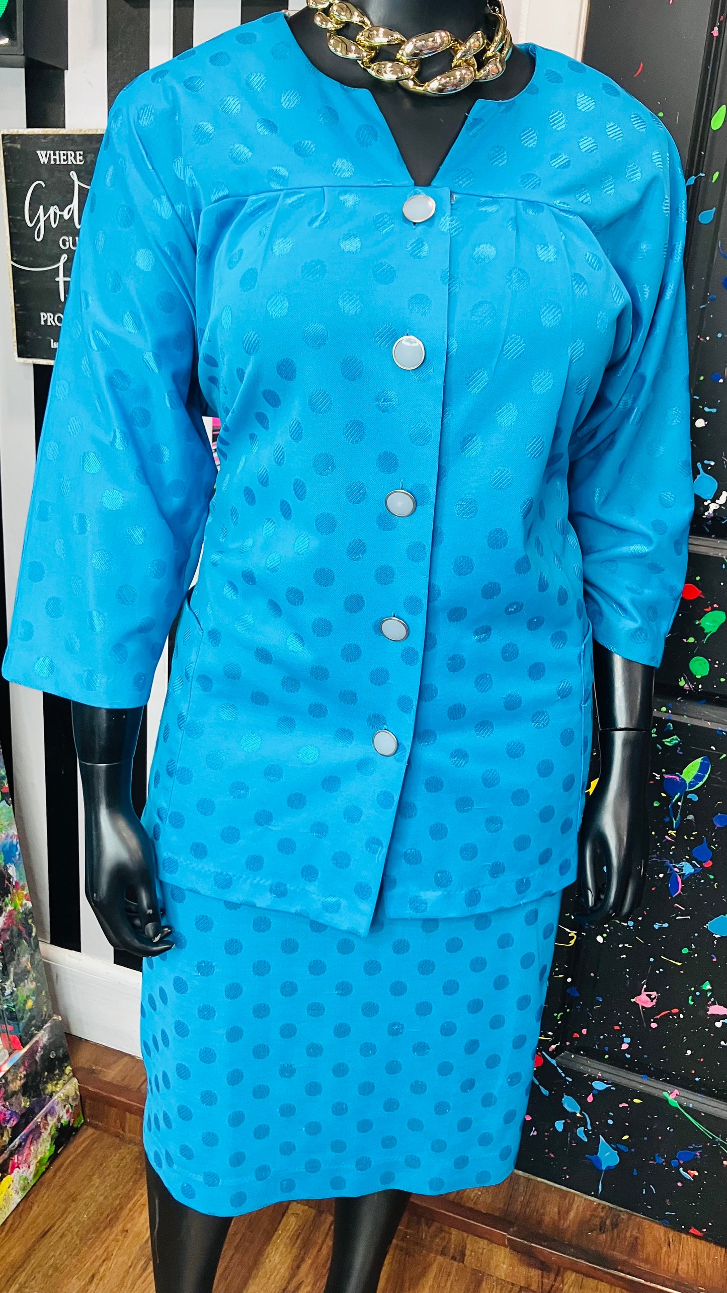 Vintage Blue Polka Dot Skirt Set (Some Stretch) (24)