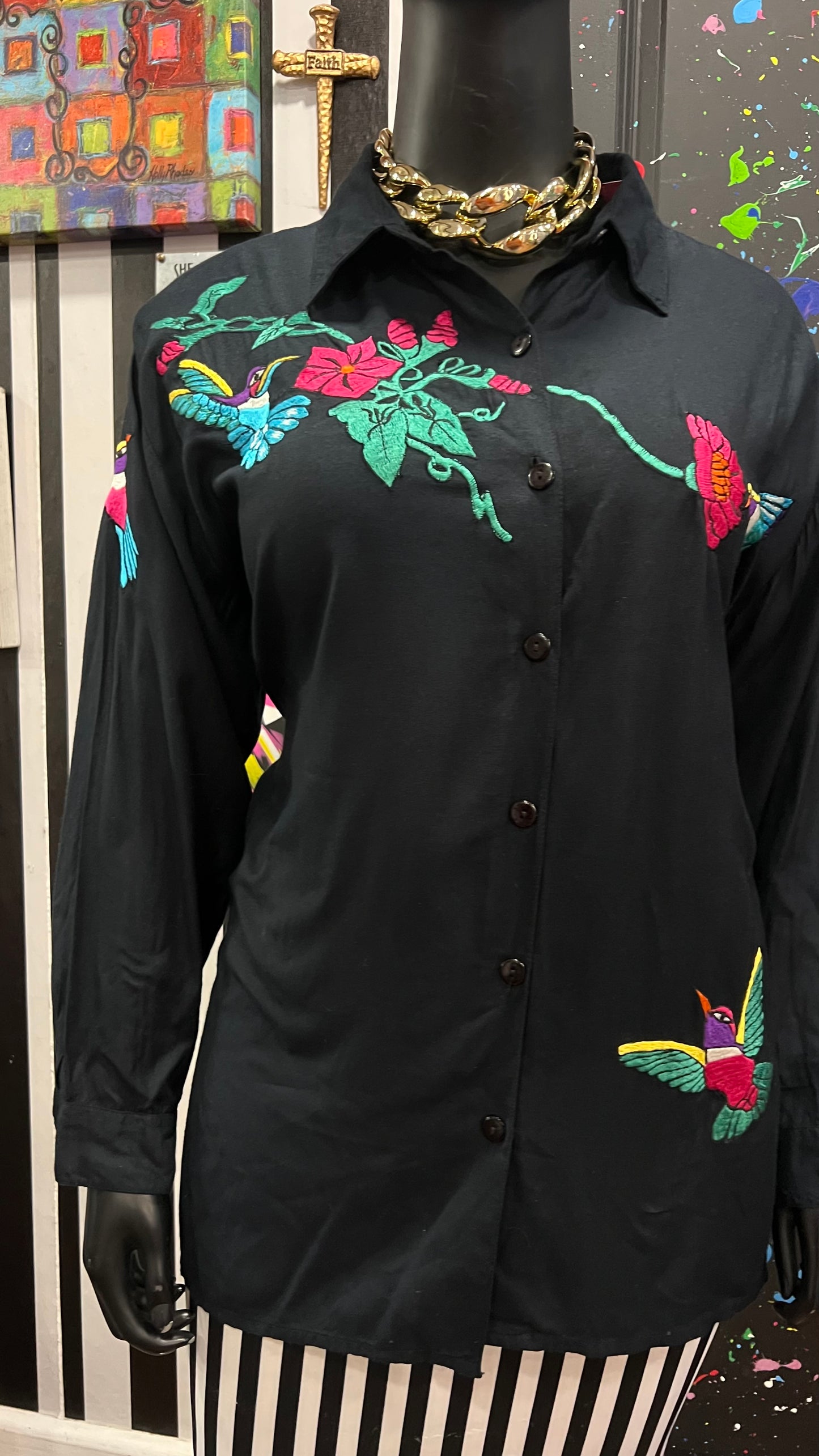 Vintage Rayon Colorful Birds Blouse (22)