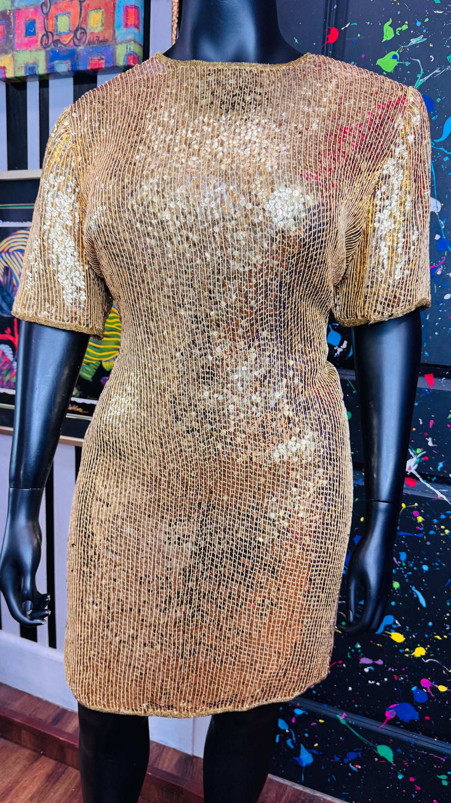 Vintage Gold Lawrence Kazar 100% Silk Sequin Dress (18)