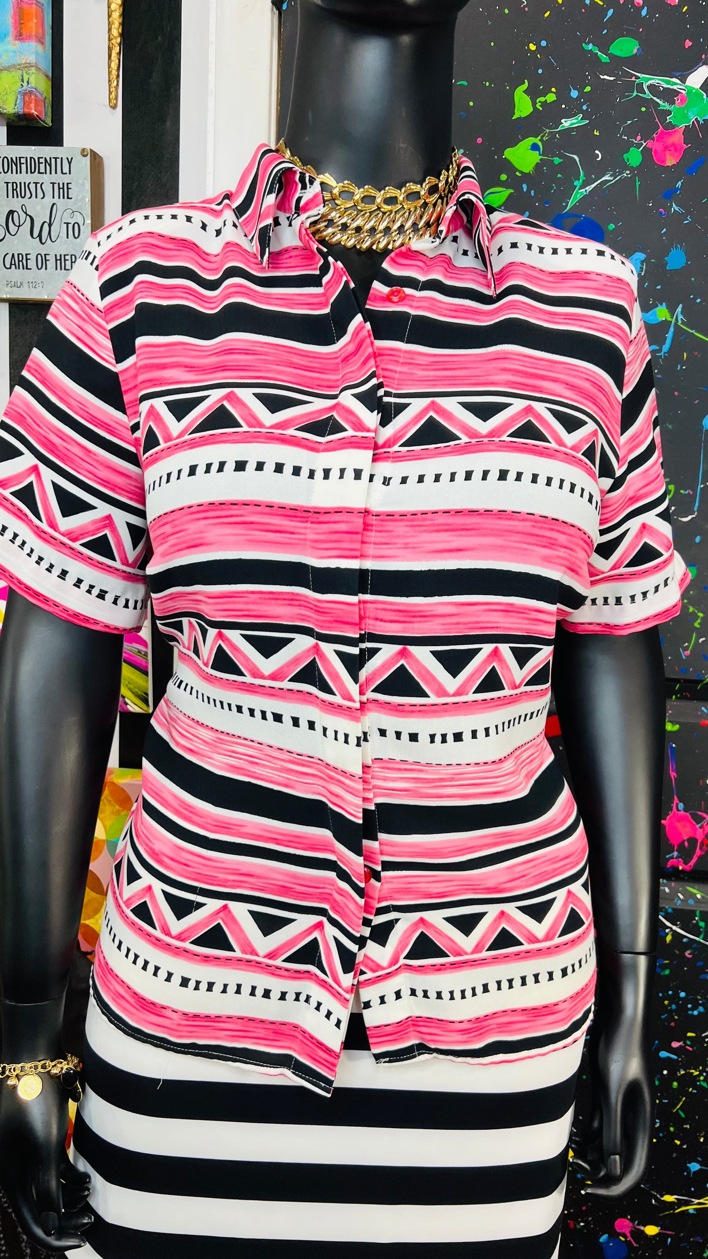 Vintage Pink & White Tribal Print Blouse (16W)