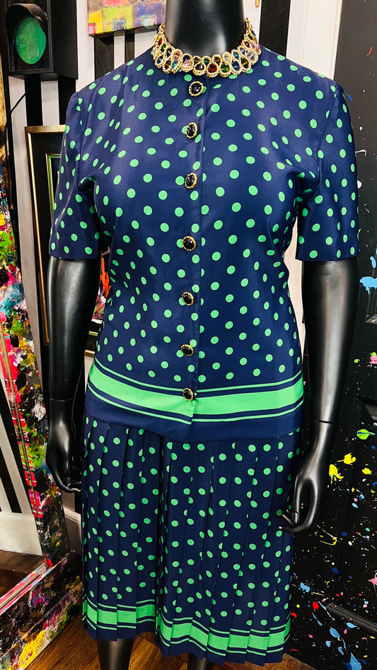 Vintage Navy Blue Green Polka & Stripes Skirt Set (14)