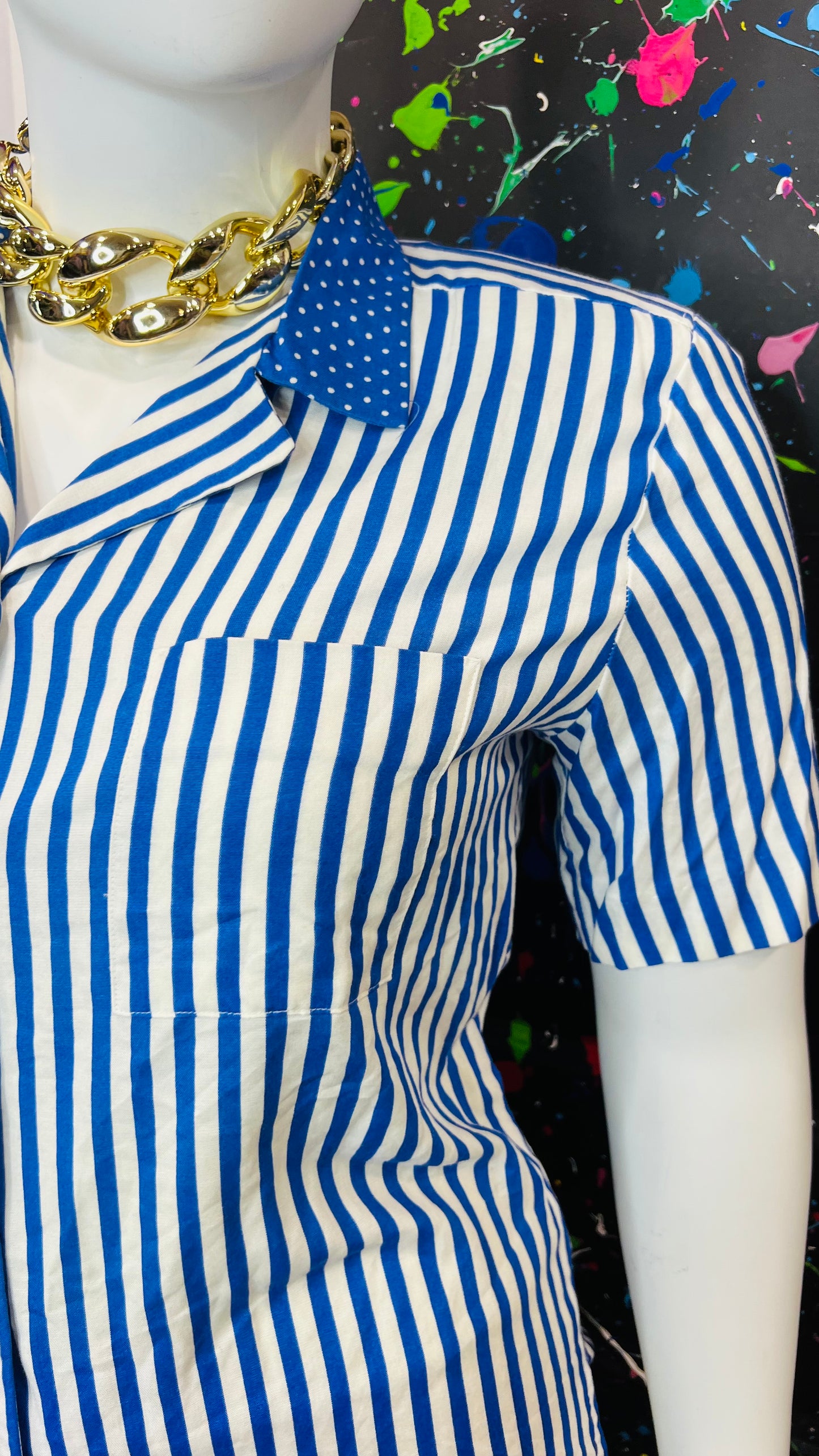 Vintage Blue & White Striped Polka Dot  Blouse (14)