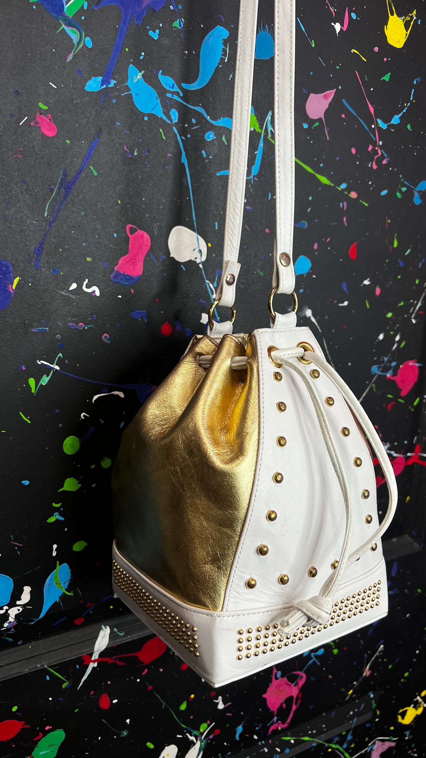 Vintage Genuine Leather Gold & White Studded Bucket Bag