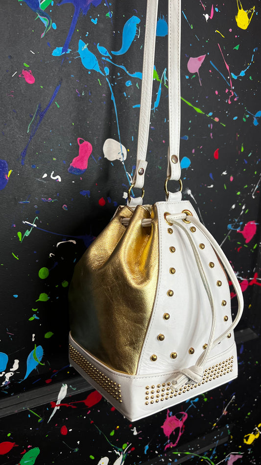 Vintage Genuine Leather Gold & White Studded Bucket Bag
