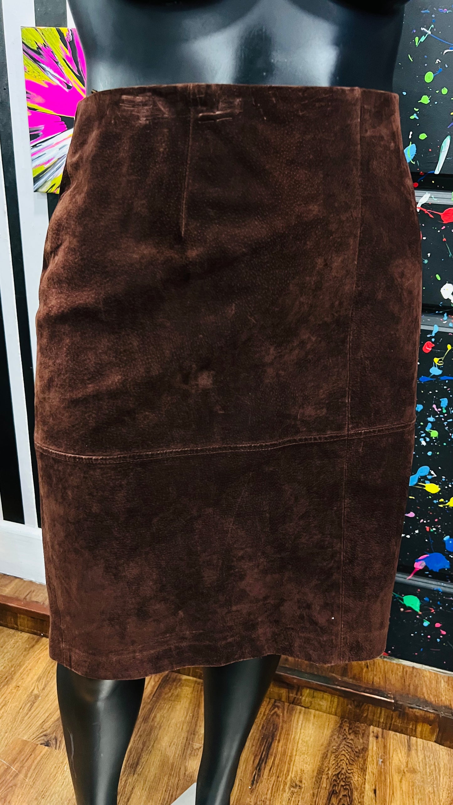 Vintage Brown Genuine Leather Suede Skirt (22W)