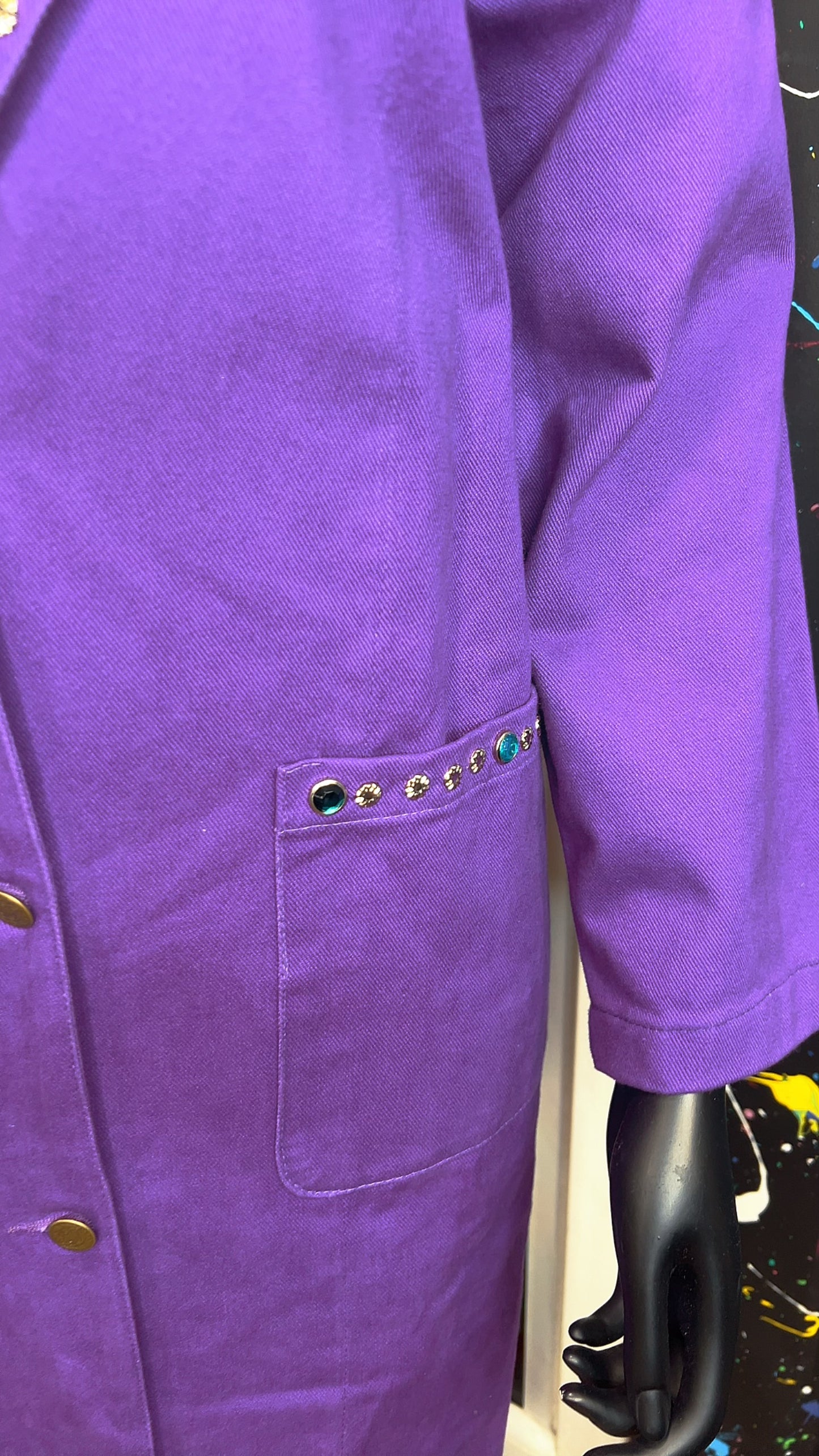 Vintage Purple Denim Jeweled Trench Coat (16)