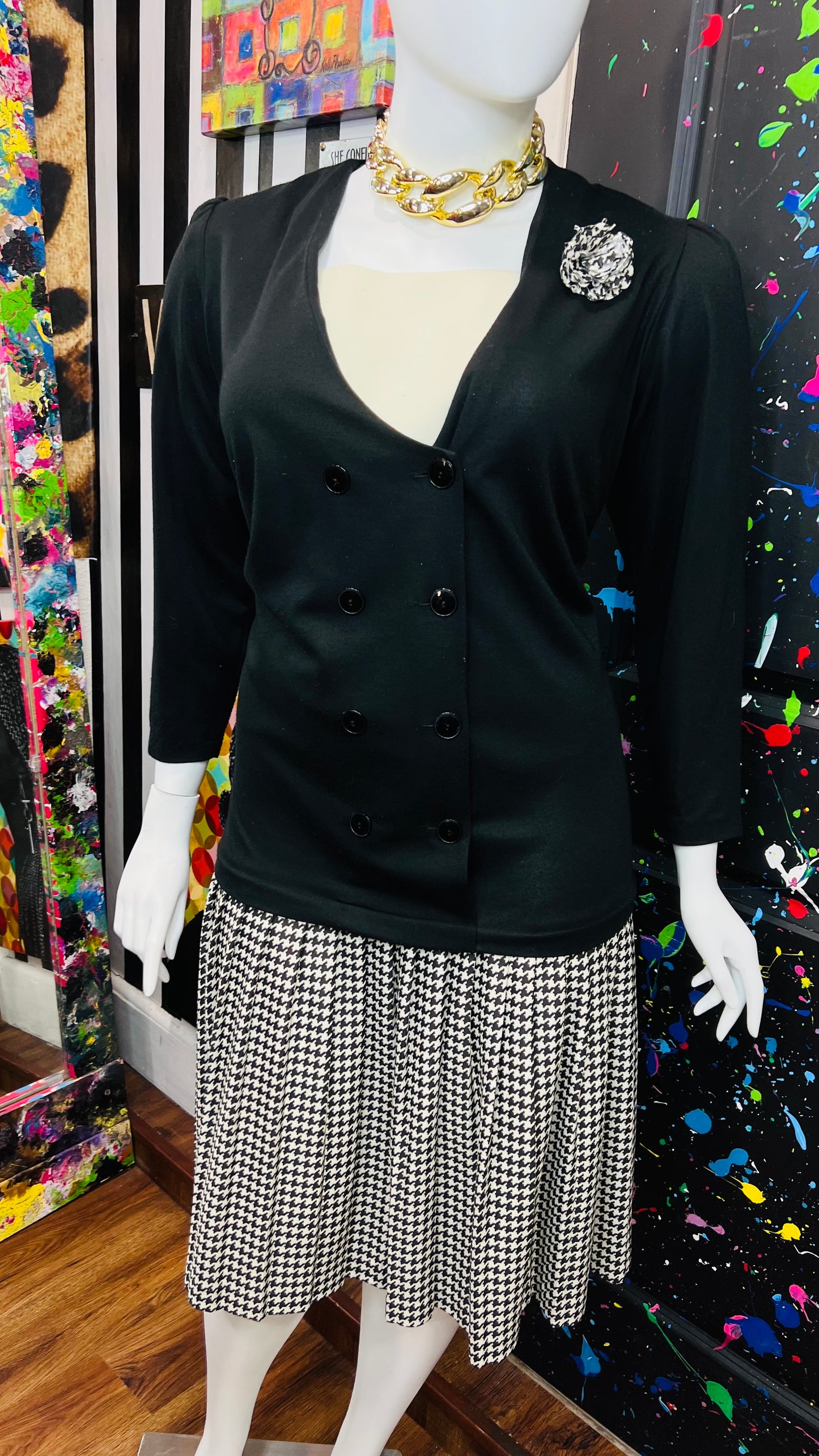 Vintage Houndstooth & Solid Black Dress (24W)