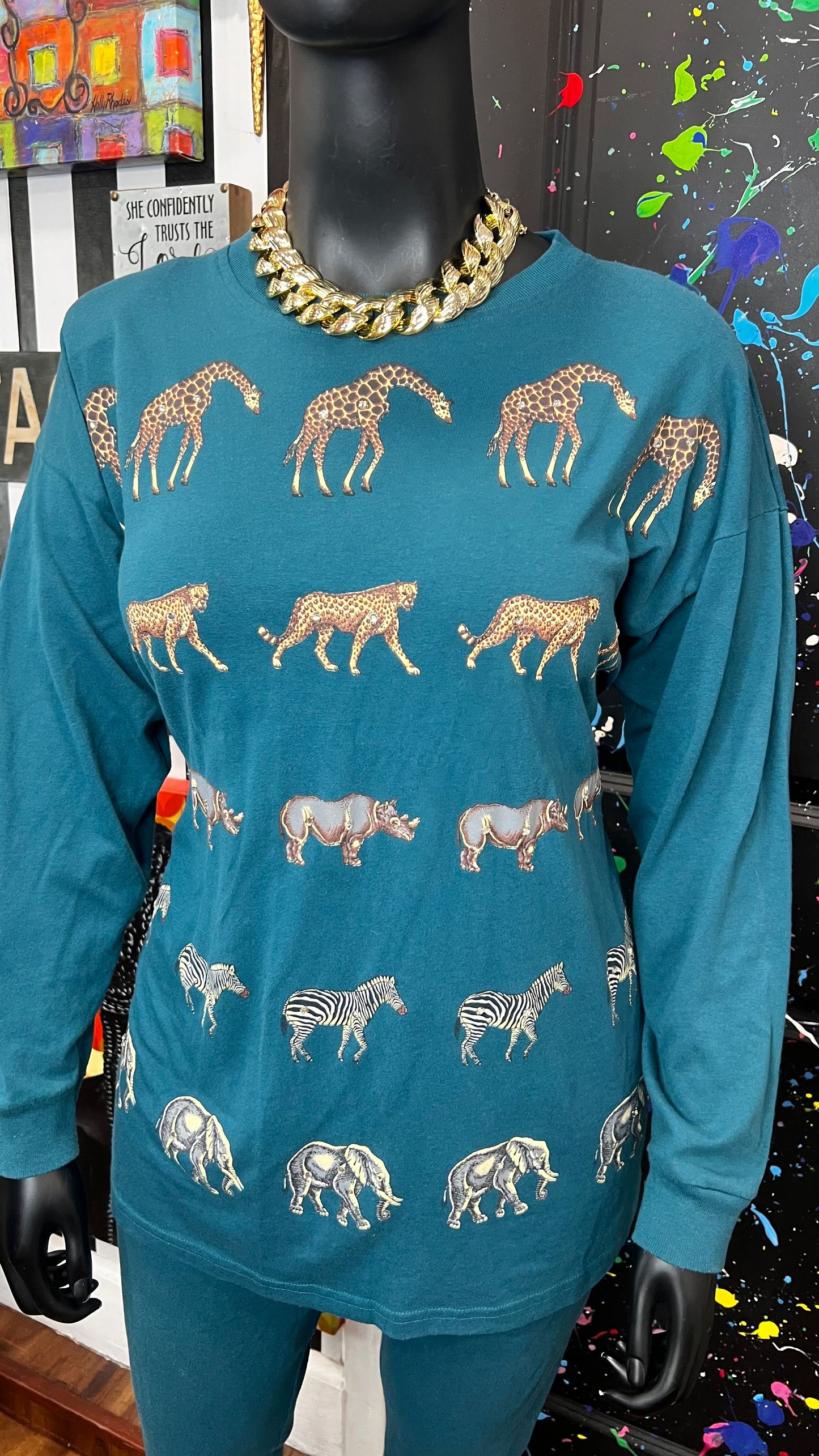 Vintage Cotton Animal Print & Jewel Top  Pants Set