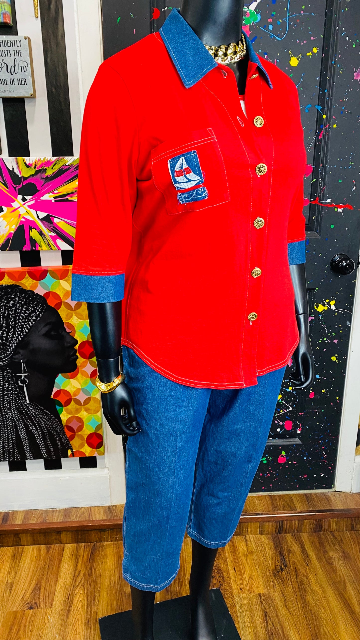 Vintage Cotton Red Blouse, Capri & Top Blouse Set (14/16)