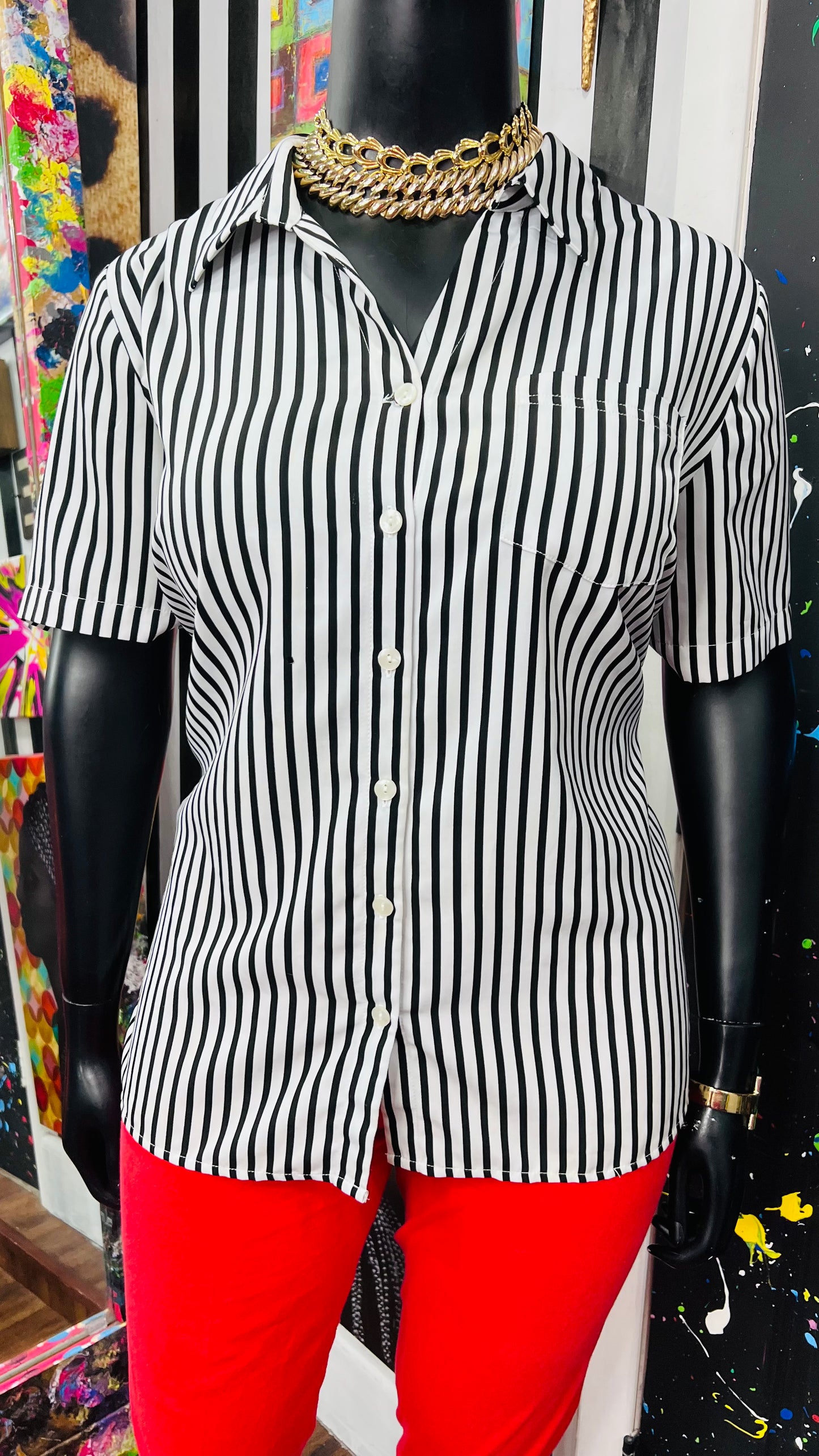 Vintage Black & White Striped Blouse (18)