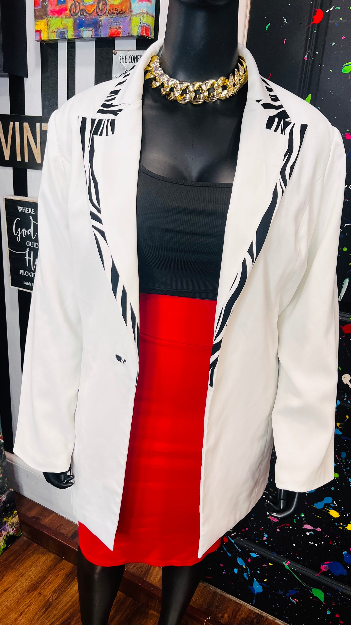 Plus Size Vintage Zebra Print Trim Blazer (22W)
