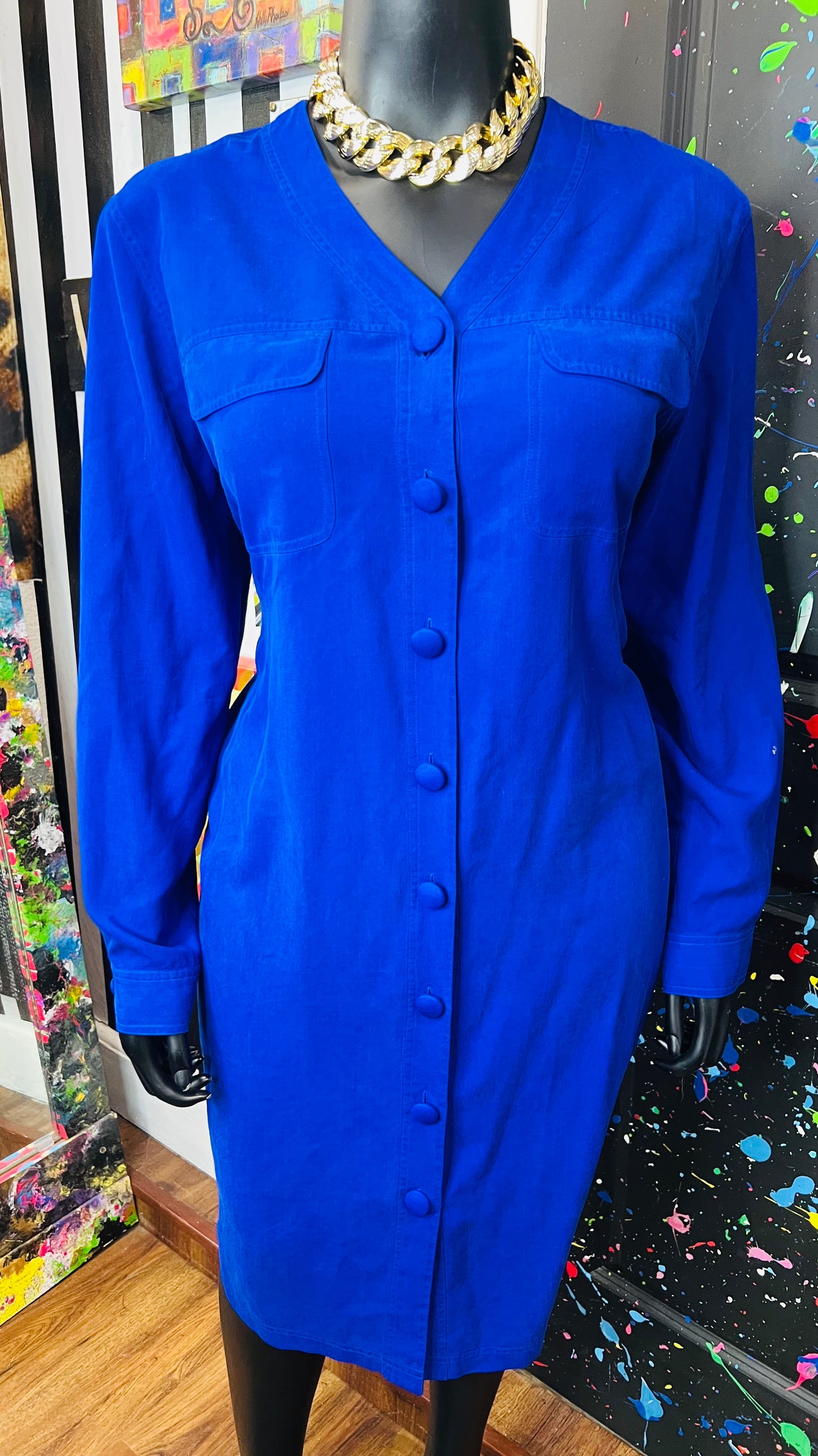 Vintage 100% Silk Cobalt Blue Dress (18)