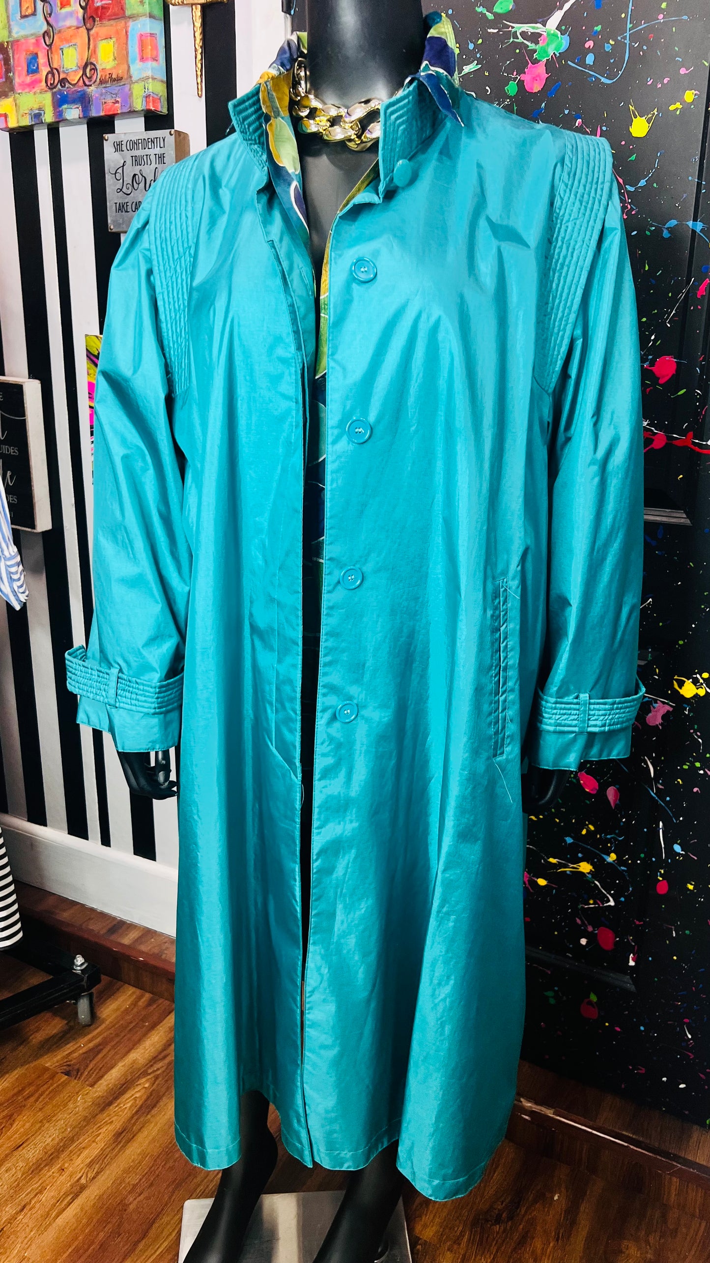 Vintage Teal Rain Trench Coat (24)