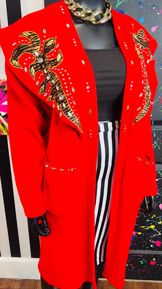 Vintage Red Knit Jeweled & Animal Print Sweater (OS)