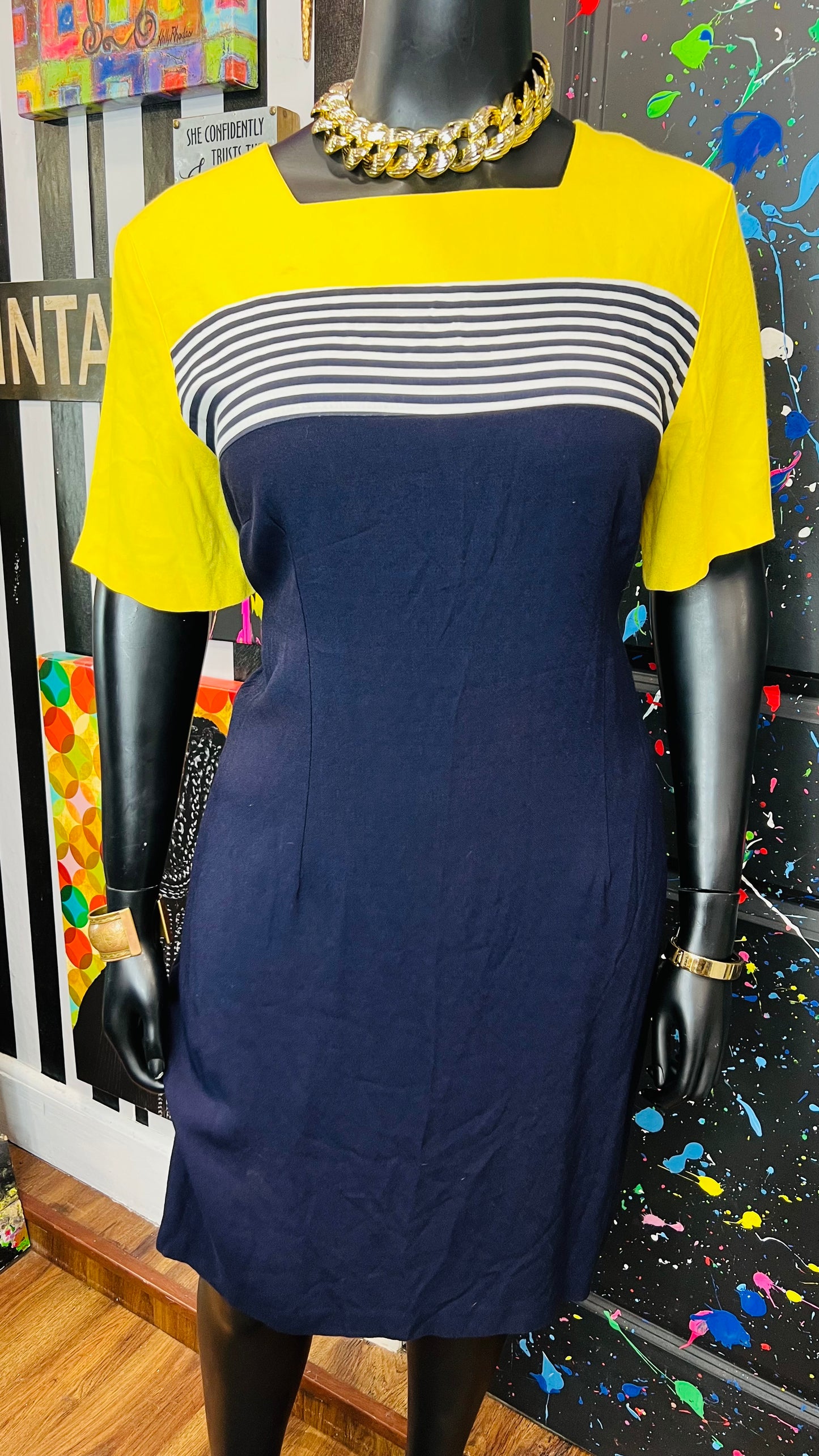 Vintage Navy Blue Yellow & White Striped Dress (20)