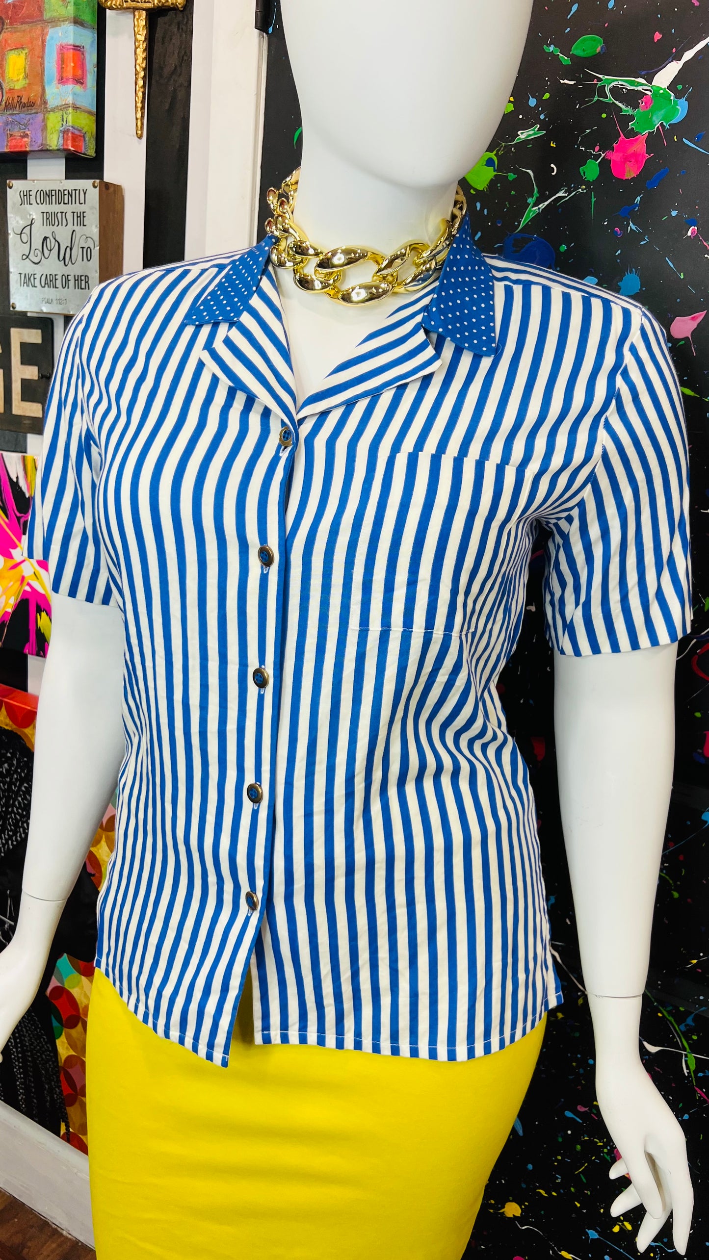 Vintage Blue & White Striped Polka Dot  Blouse (14)