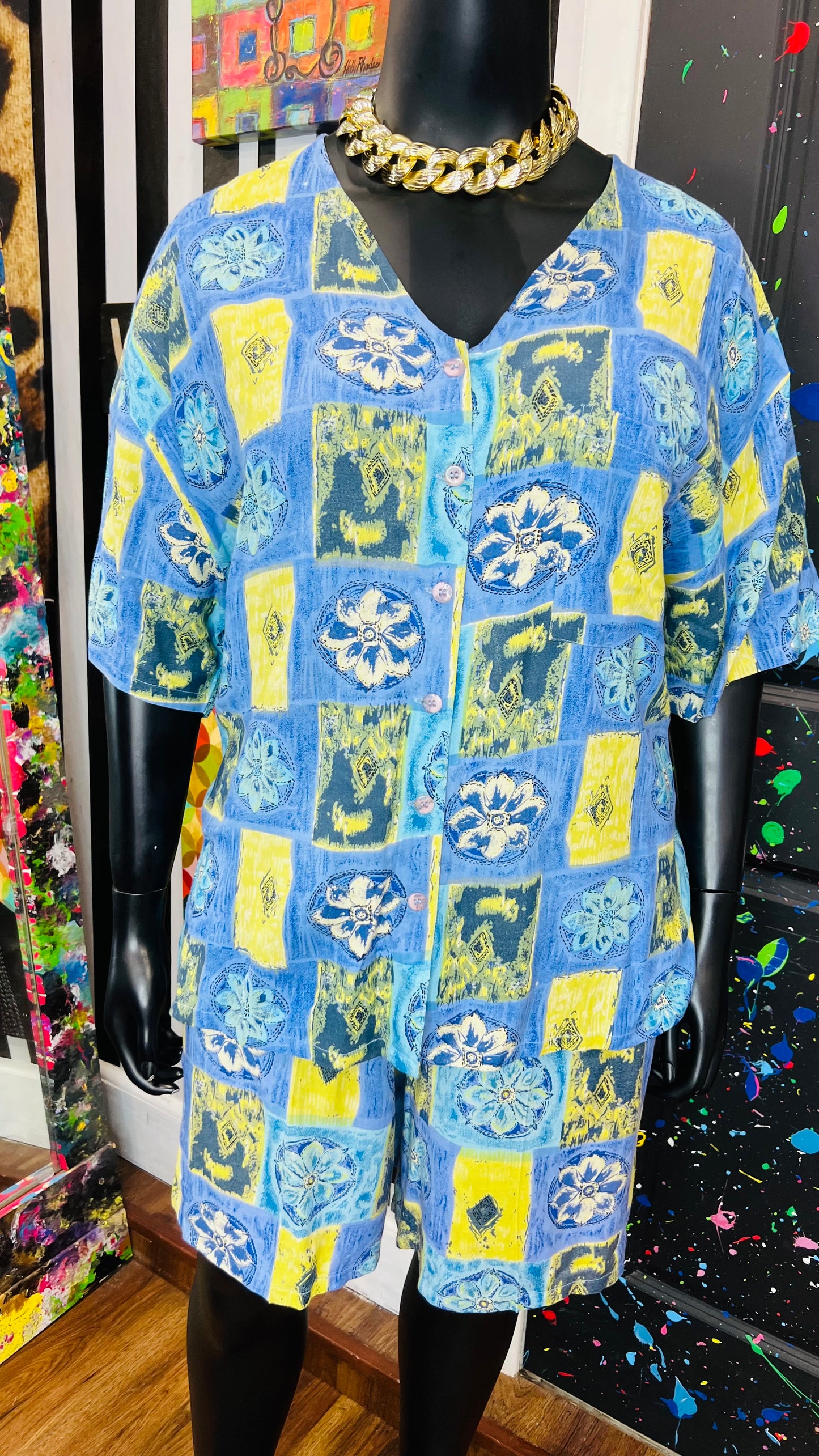 Vintage Rayon Abstract Shorts Set w/ Drawstring Waist (20)