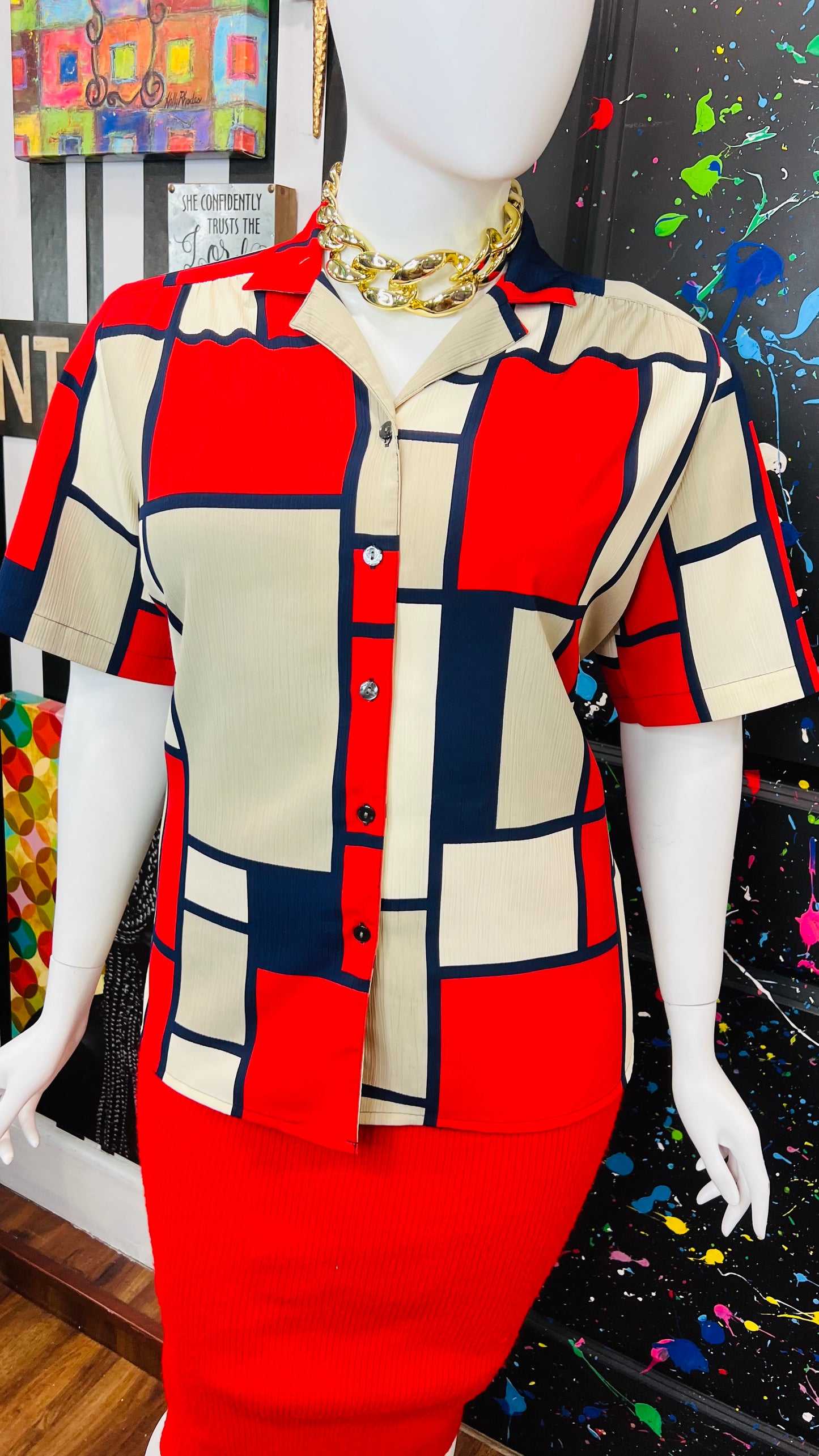 Vintage Navy Blue, Red & Cream Block Blouse (18W)