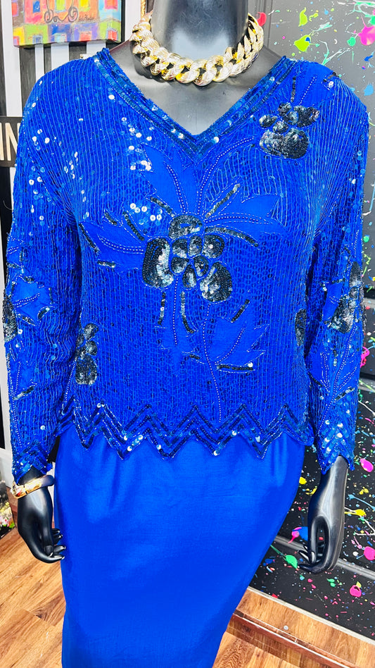 Vintage Blue & Black 100% Silk Sequin Blouse - Deadstock New w/Tags (18)