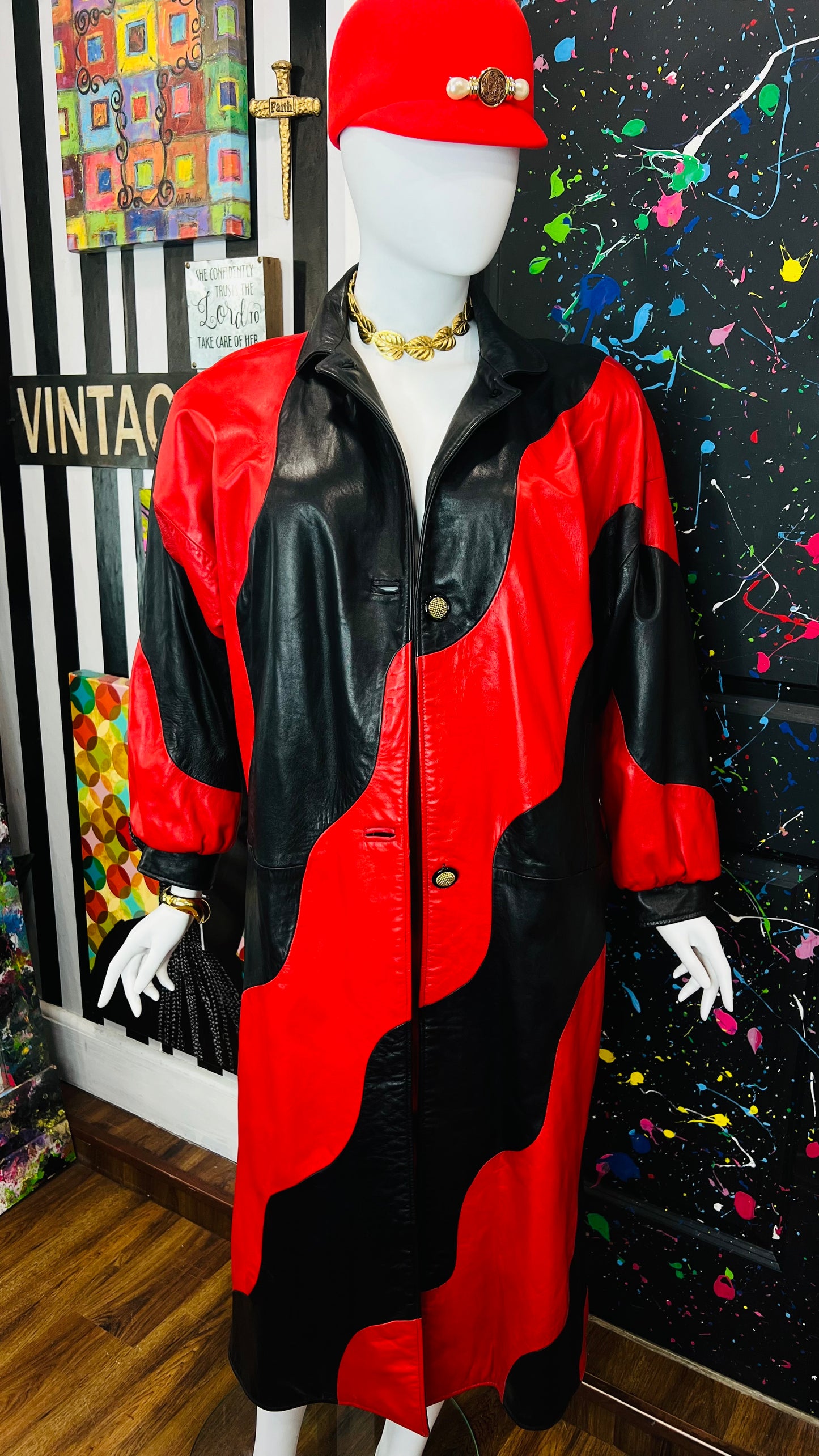 Vintage Genuine Leather Red & Black Trench Coat (16)