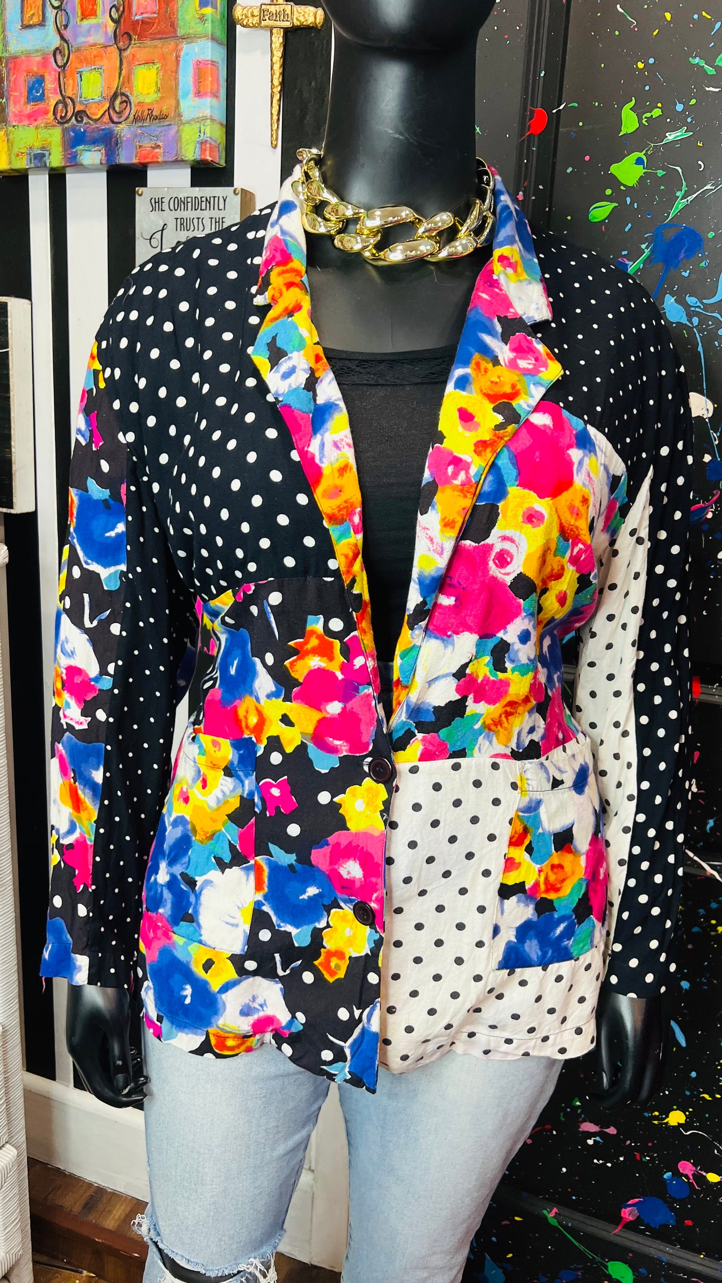 Vintage Rayon Polka Dot & Floral Blazer (18/20) *KC