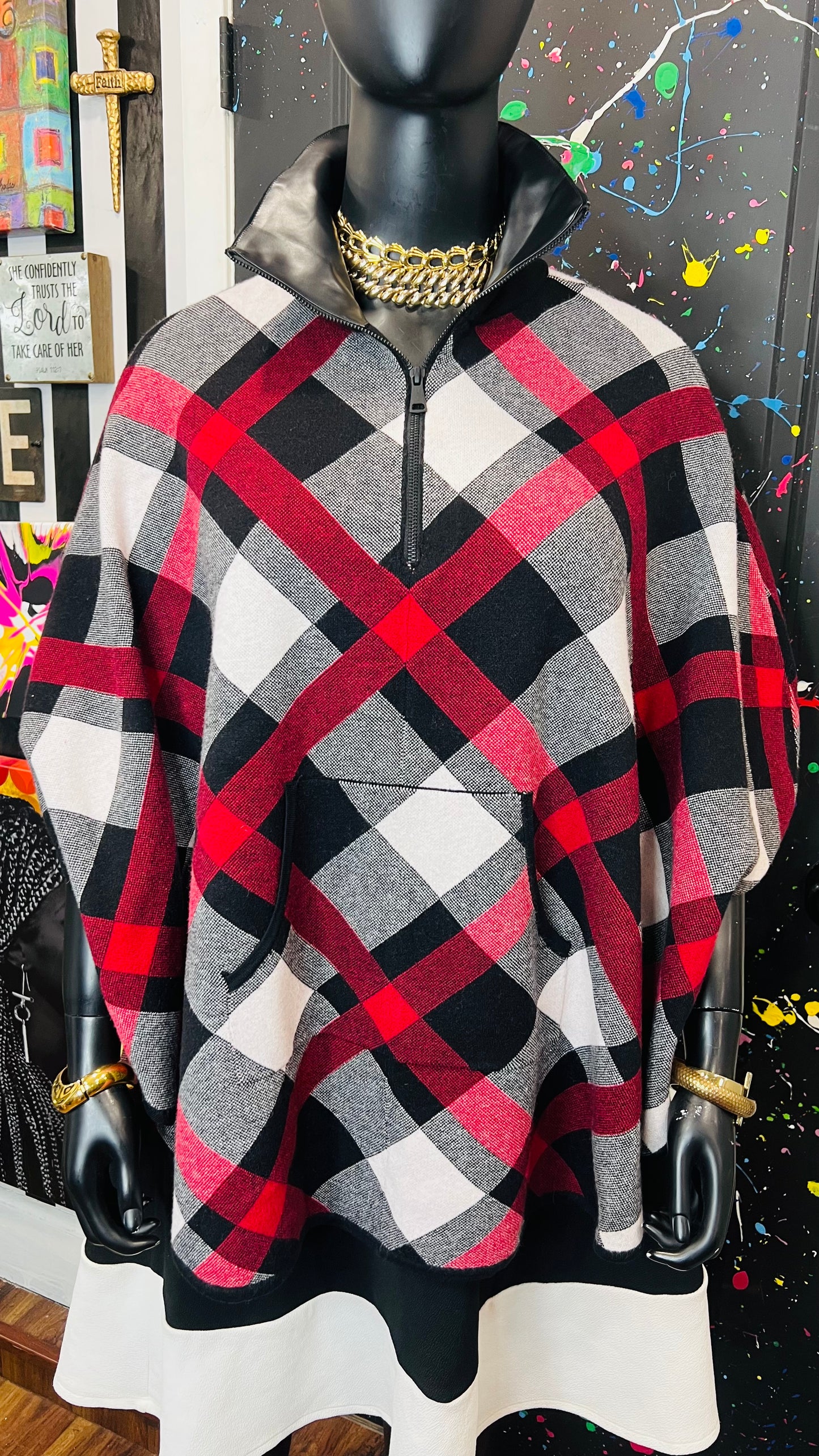 Plaid Stretch Knit Poncho (OS)